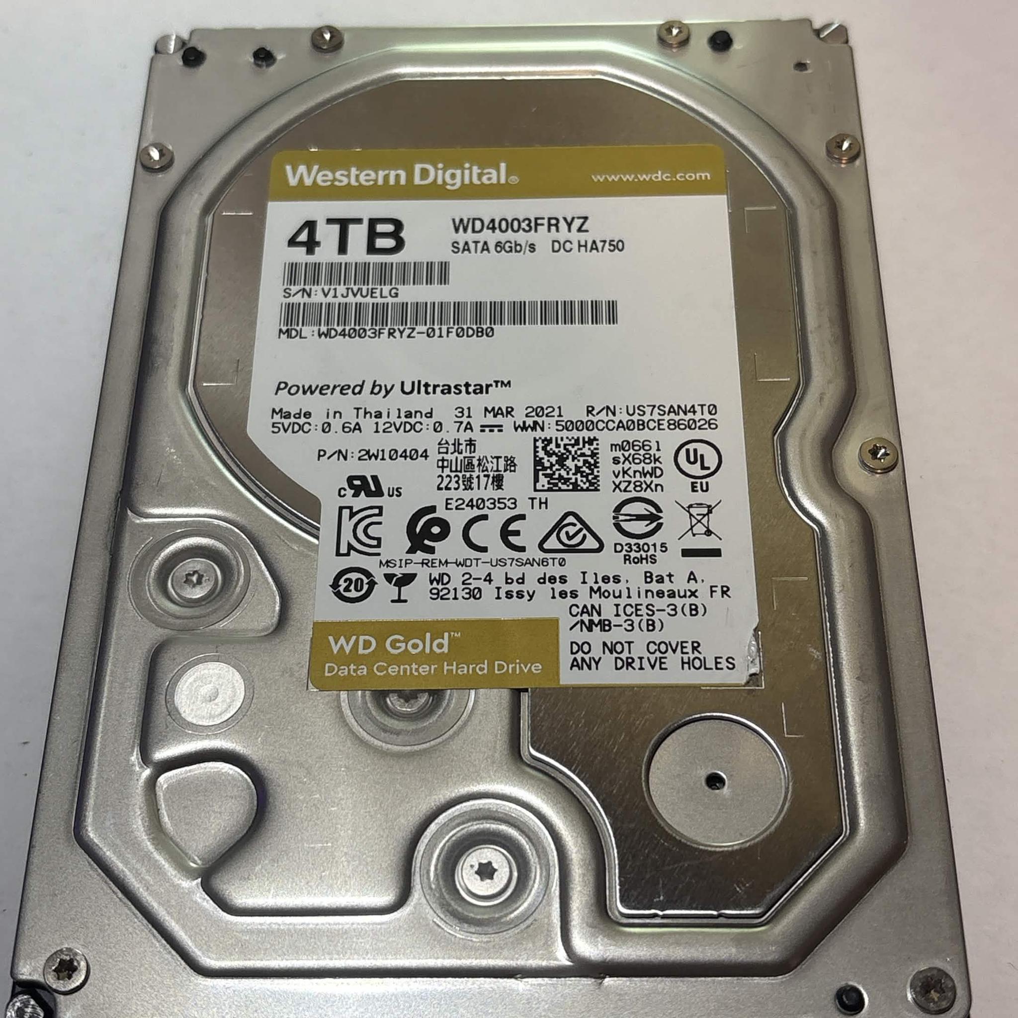 WD Gold 4TB WD4003FRYZ 7200RPM SATA Datacenter HDD – 30,250 Hours – SMART Good