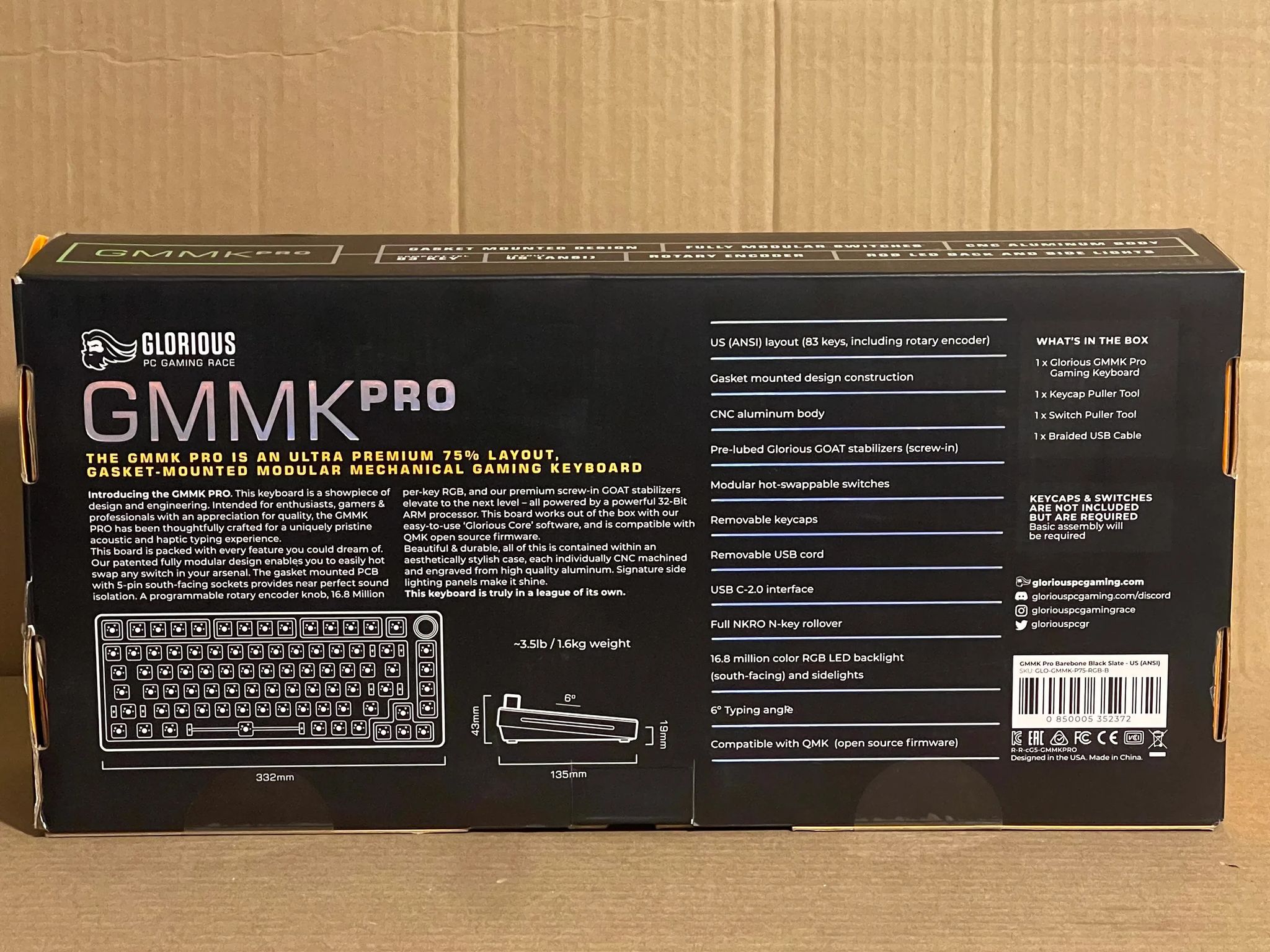 Glorious GMMK Pro Barebones Premium Black Slate Keyboard
