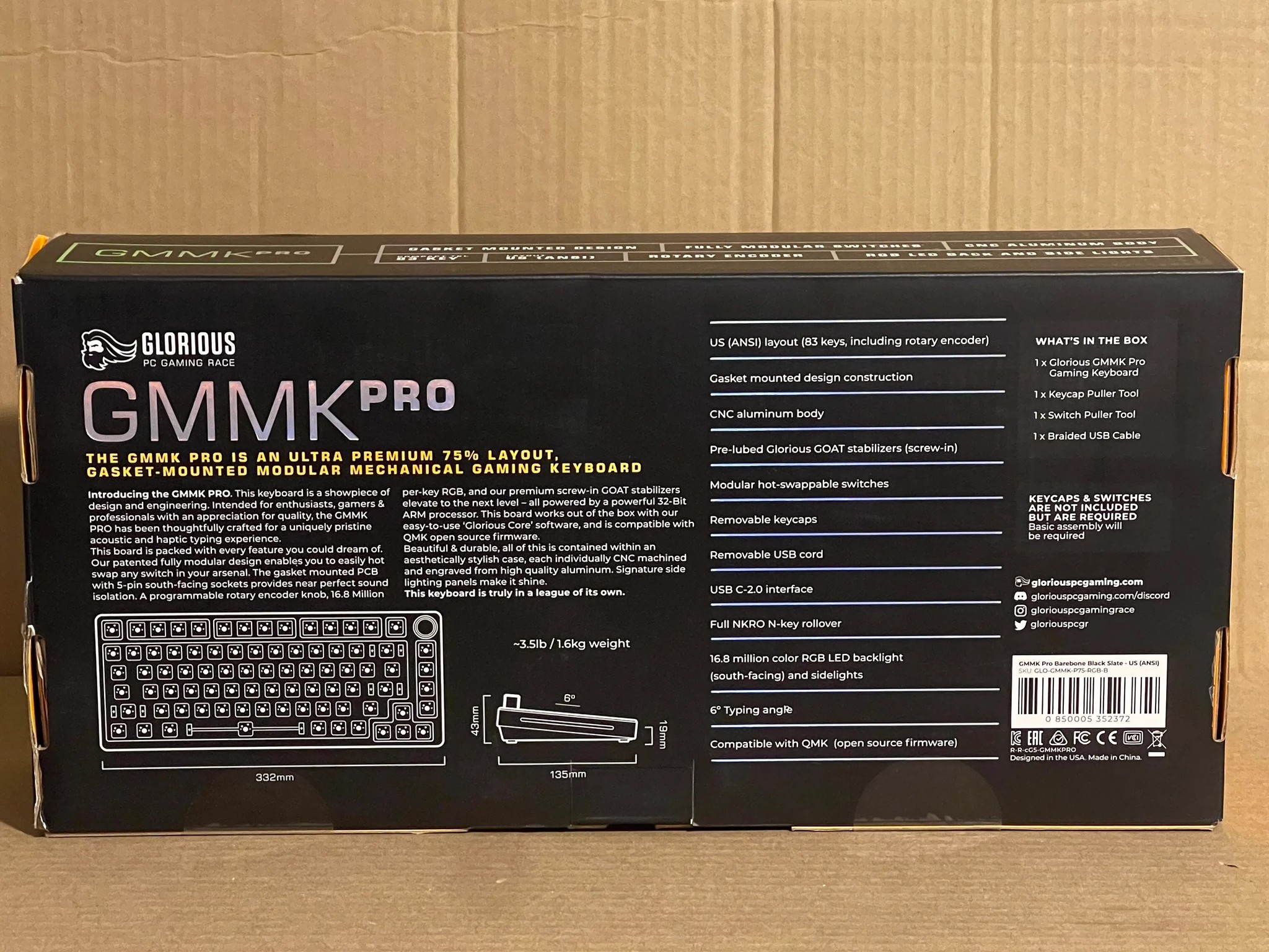 Glorious GMMK Pro Barebones Premium Black Slate Keyboard