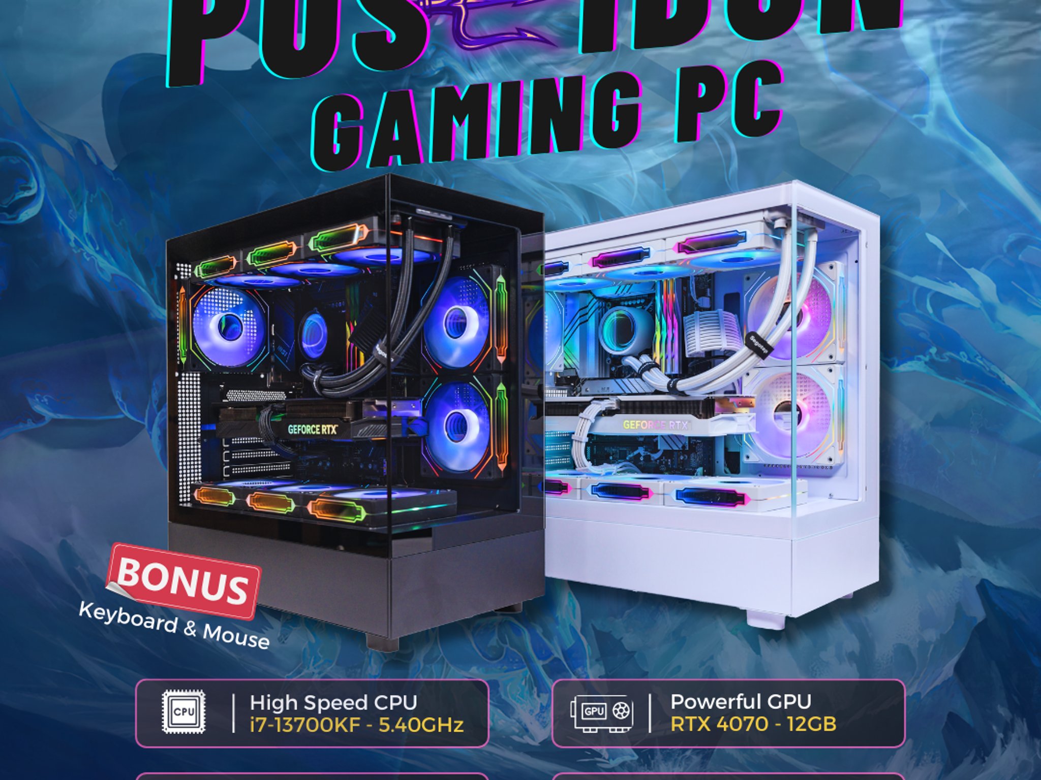 The Poseidon i7-13700KF 5.8GHz, RTX 4070  12GB, 1TB NVME SSD, 32GB RGB DDR5 With Keyboard/Mouse