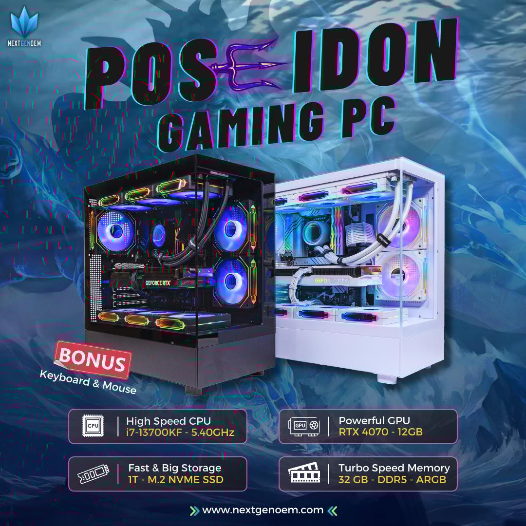 The Poseidon i7-13700KF 5.8GHz, RTX 4070  12GB, 1TB NVME SSD, 32GB RGB DDR5 With Keyboard/Mouse