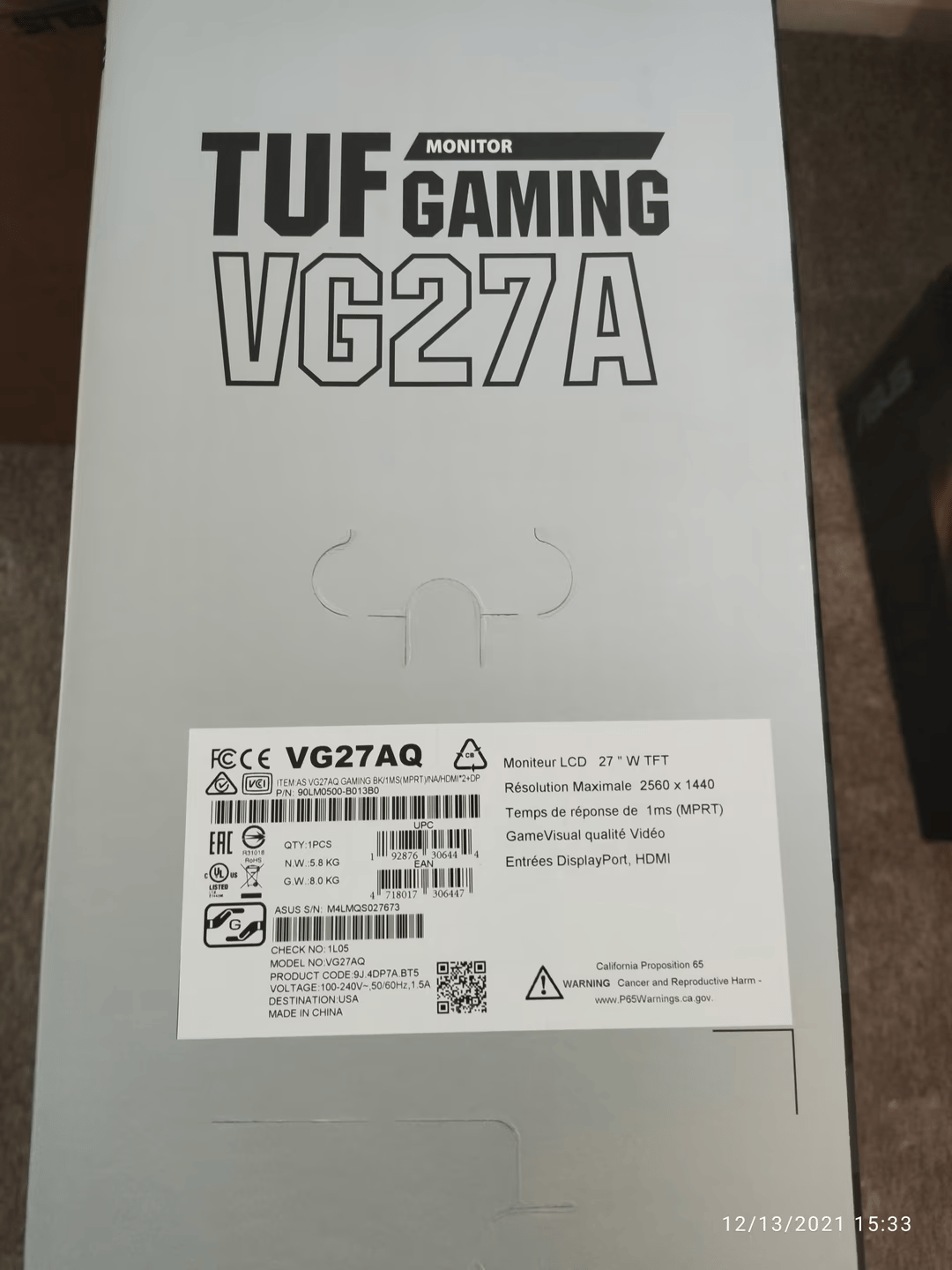 Asus VG27AQ 27" 1440p 165hz HDR10 G-Sync Compatible Monitor