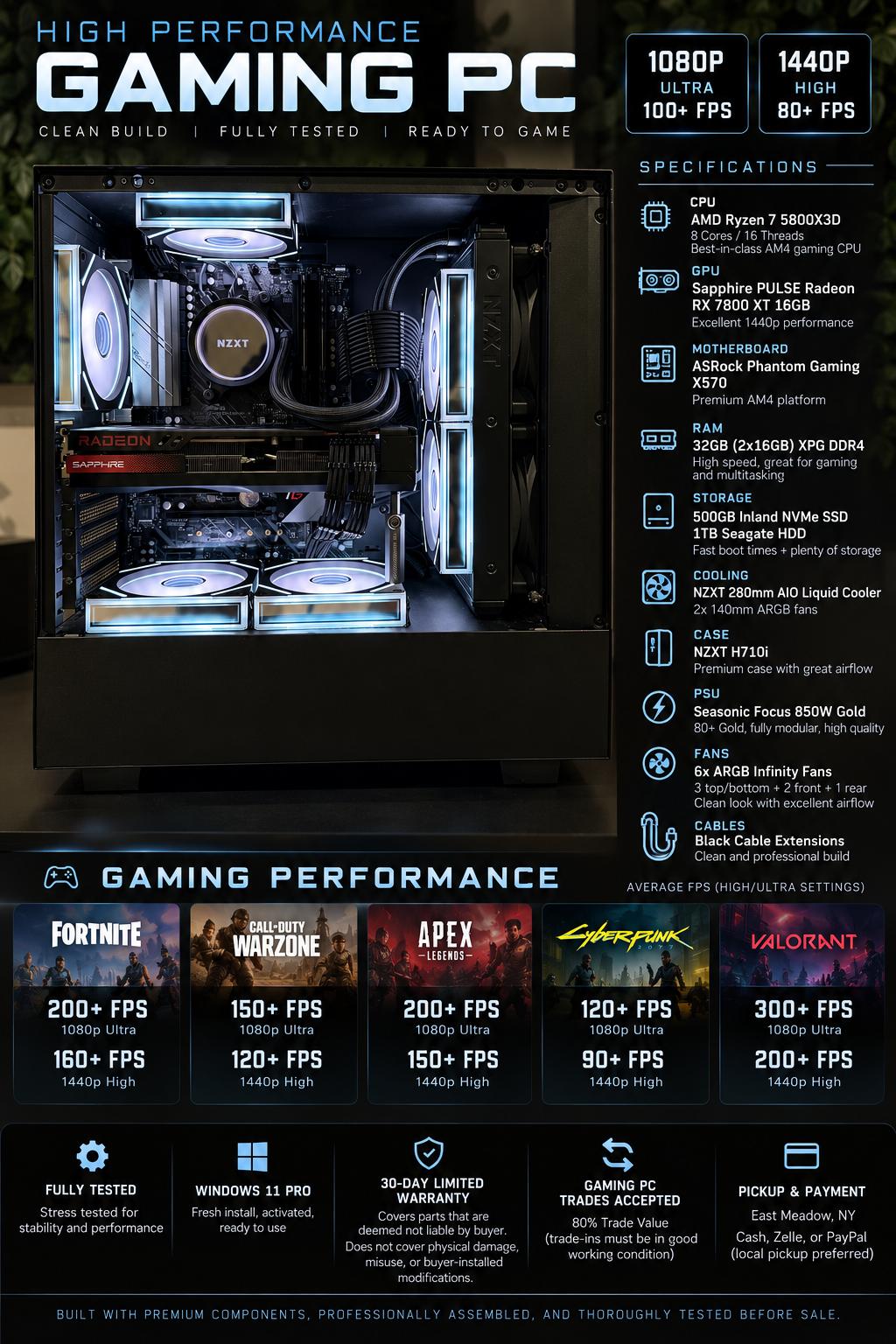 🚀 NEWLY BUILT GAMING PC — 5800X3D/ X570 + RX 7800 XT + 32GB Ram + 1.5 TB 🚀