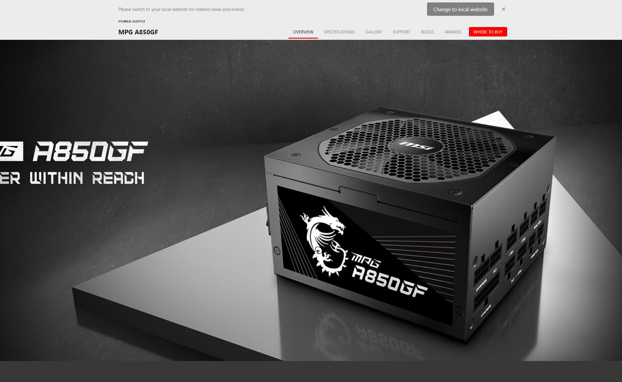 MSI MPG A850GF Power Supply