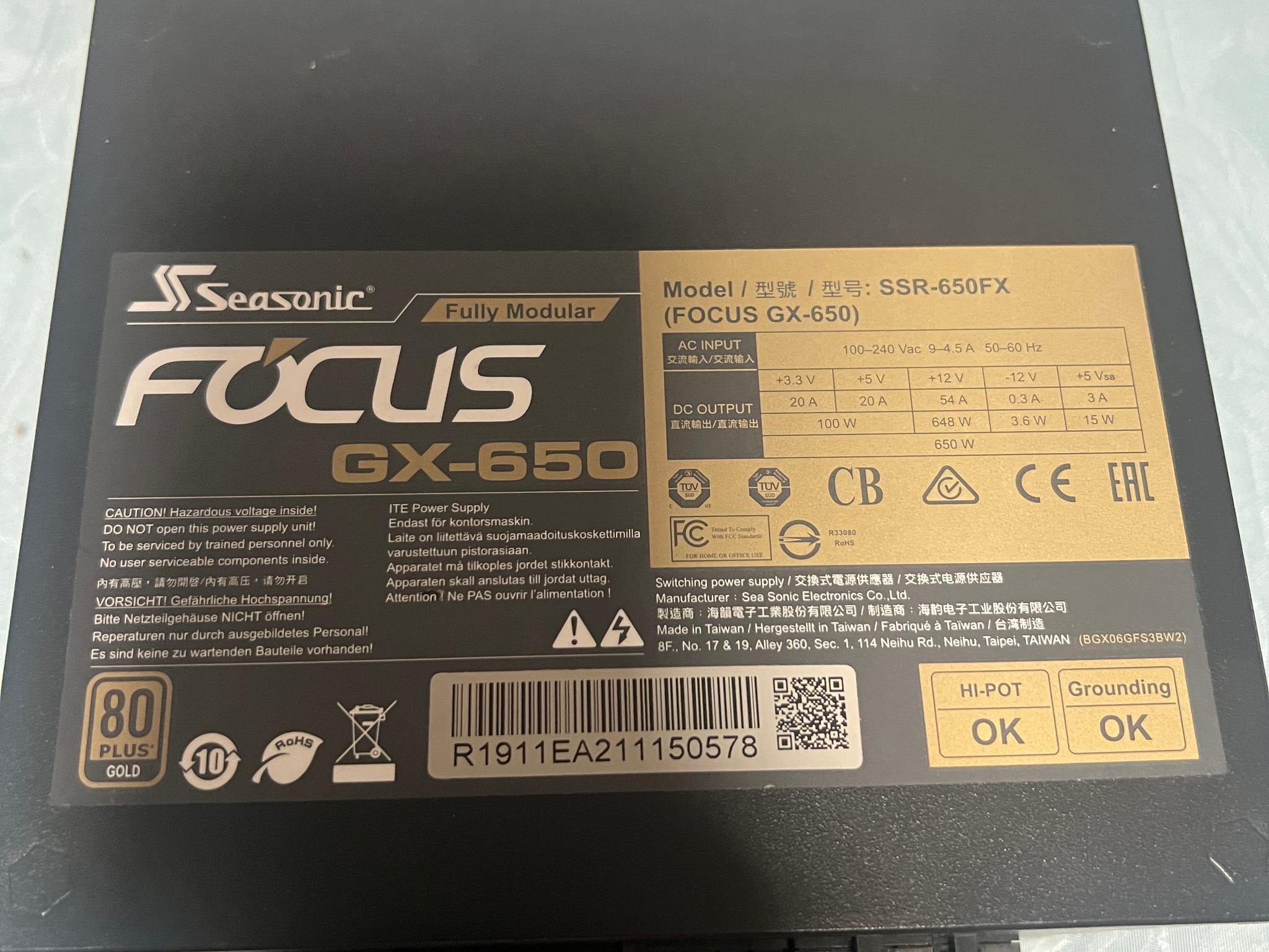 Seasonic FOCUS GX-650 650 Watt 80 Plus Gold  Fully Modular ATX Power Supply