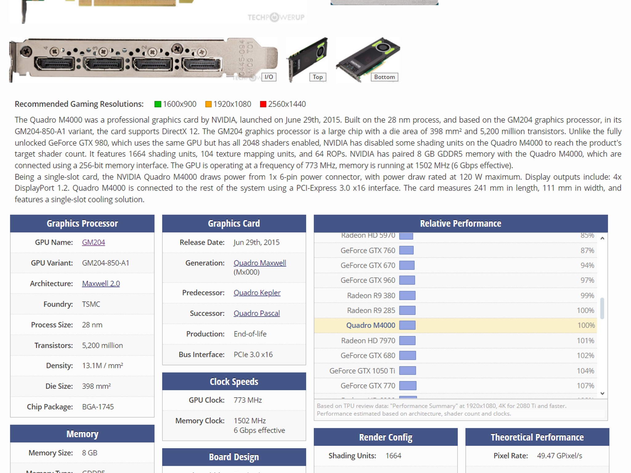 Nvidia Quadro M4000 8GB, 1050 Ti Performance, Single Slot, 6-Pin, 4x Display Port