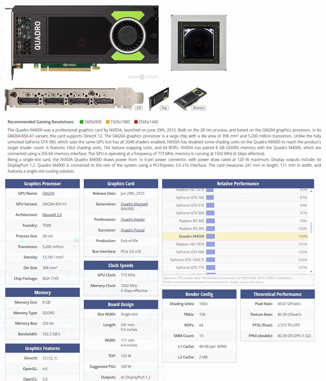 Nvidia Quadro M4000 8GB, 1050 Ti Performance, Single Slot, 6-Pin, 4x Display Port