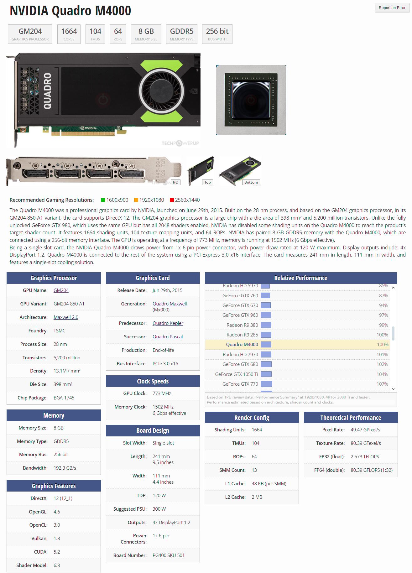 Nvidia Quadro M4000 8GB, 1050 Ti Performance, Single Slot, 6-Pin, 4x Display Port