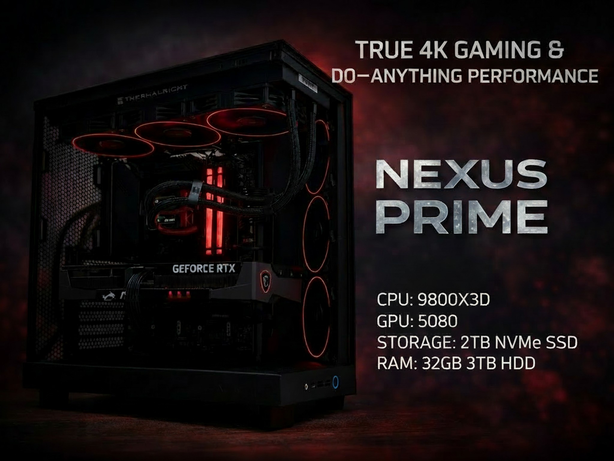 NEXUS PRIME | RTX 5080 16GB | Ryzen 7 9800X3D | 32GB DDR5 6000 CL32 | 2TB NVMe + 3TB HDD | 1000W