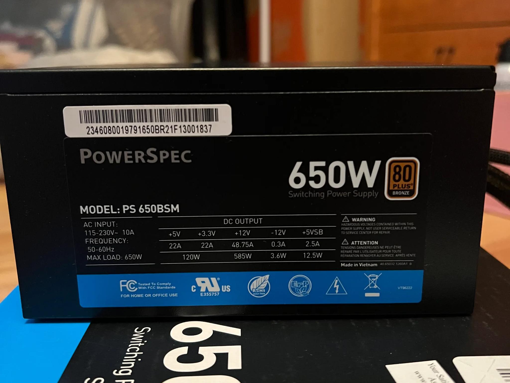 PowerSpec 650 Watt 80 Plus Bronze ATX Semi-Modular Power Supply