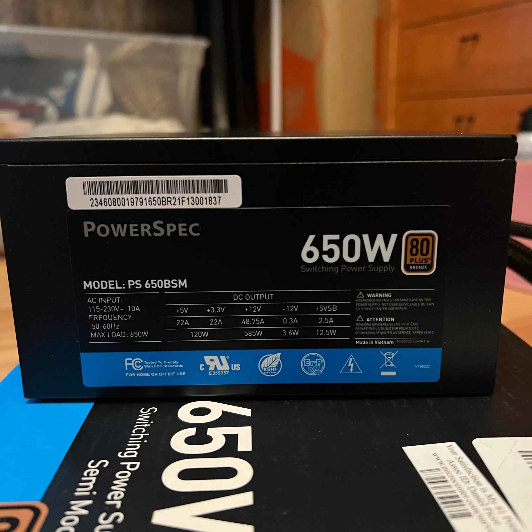 PowerSpec 650 Watt 80 Plus Bronze ATX Semi-Modular Power Supply
