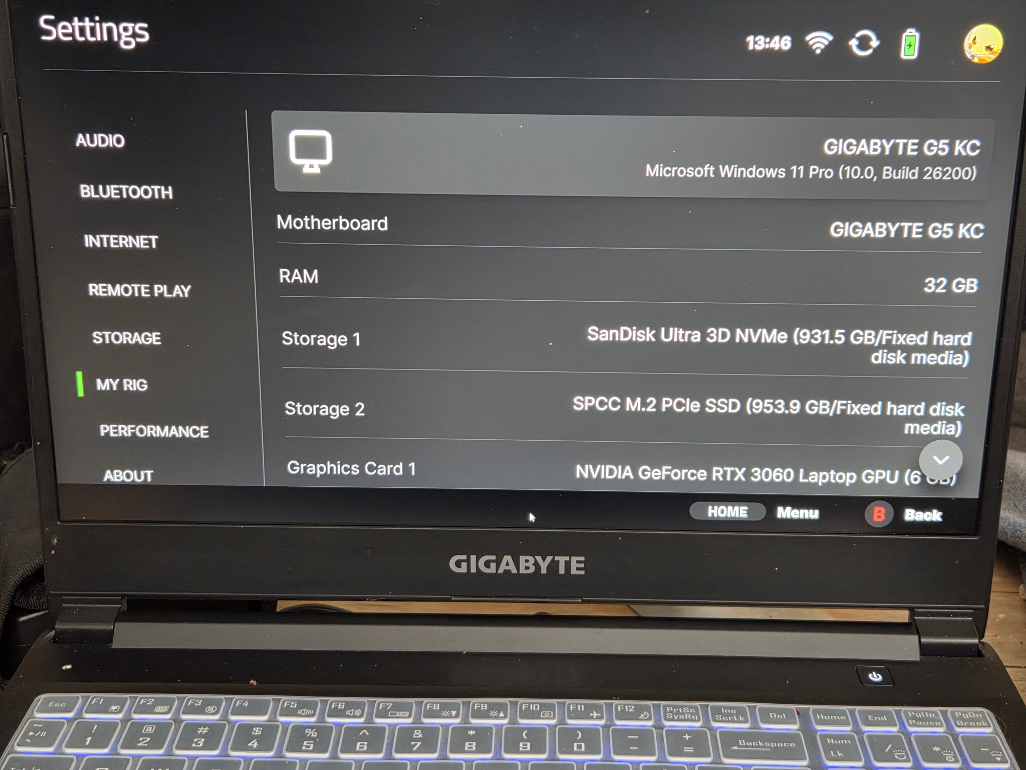 Gigabyte G5 KC gaming laptop 32GB DDR4 / 2 TB NVME SSD
