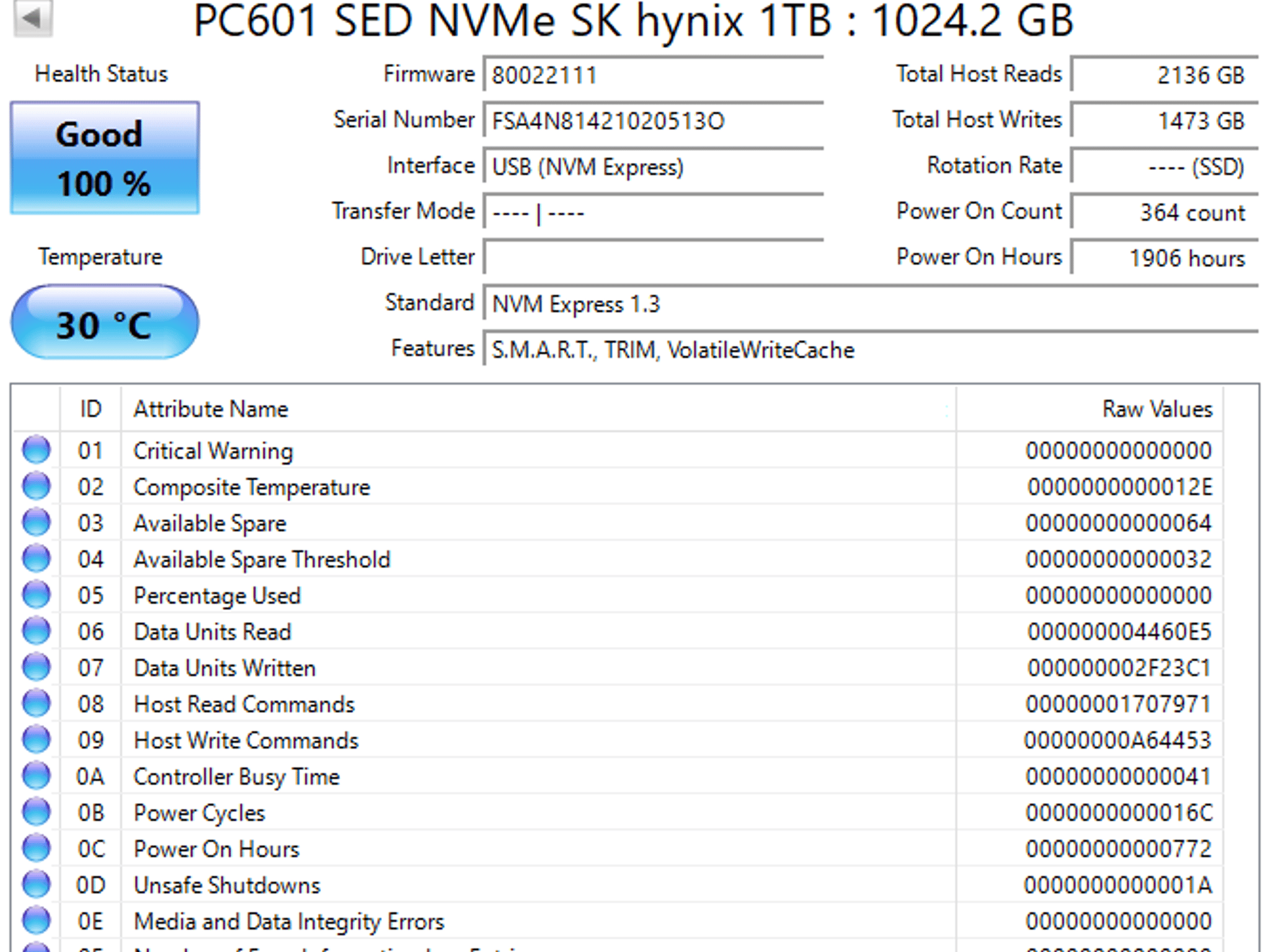 SK Hynix PC601 1TB NVMe SSD - PCIe Gen 3x4- 100% Health (Sticker Removed)