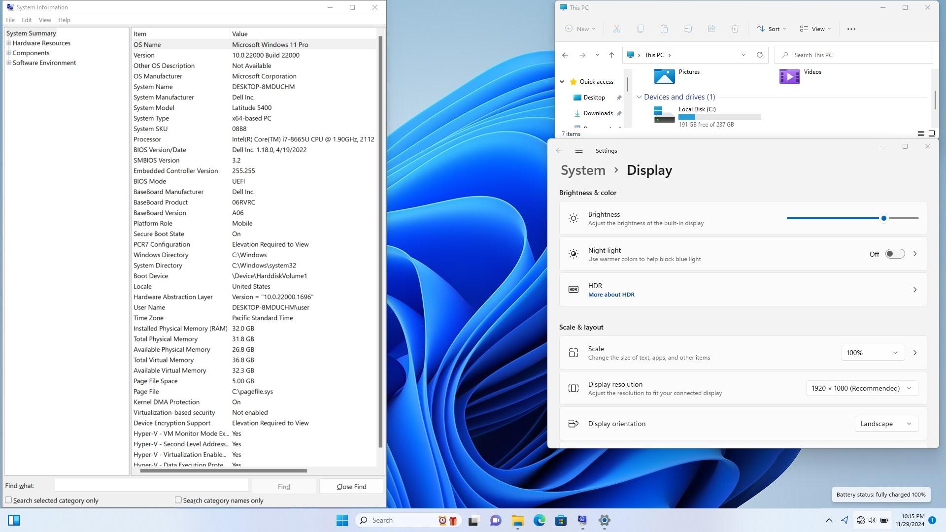 Dell 14" Latitude 5400 Intel i7-8665U 32GB Memory 256GB SSD Win11 Pro with USB-C Charger