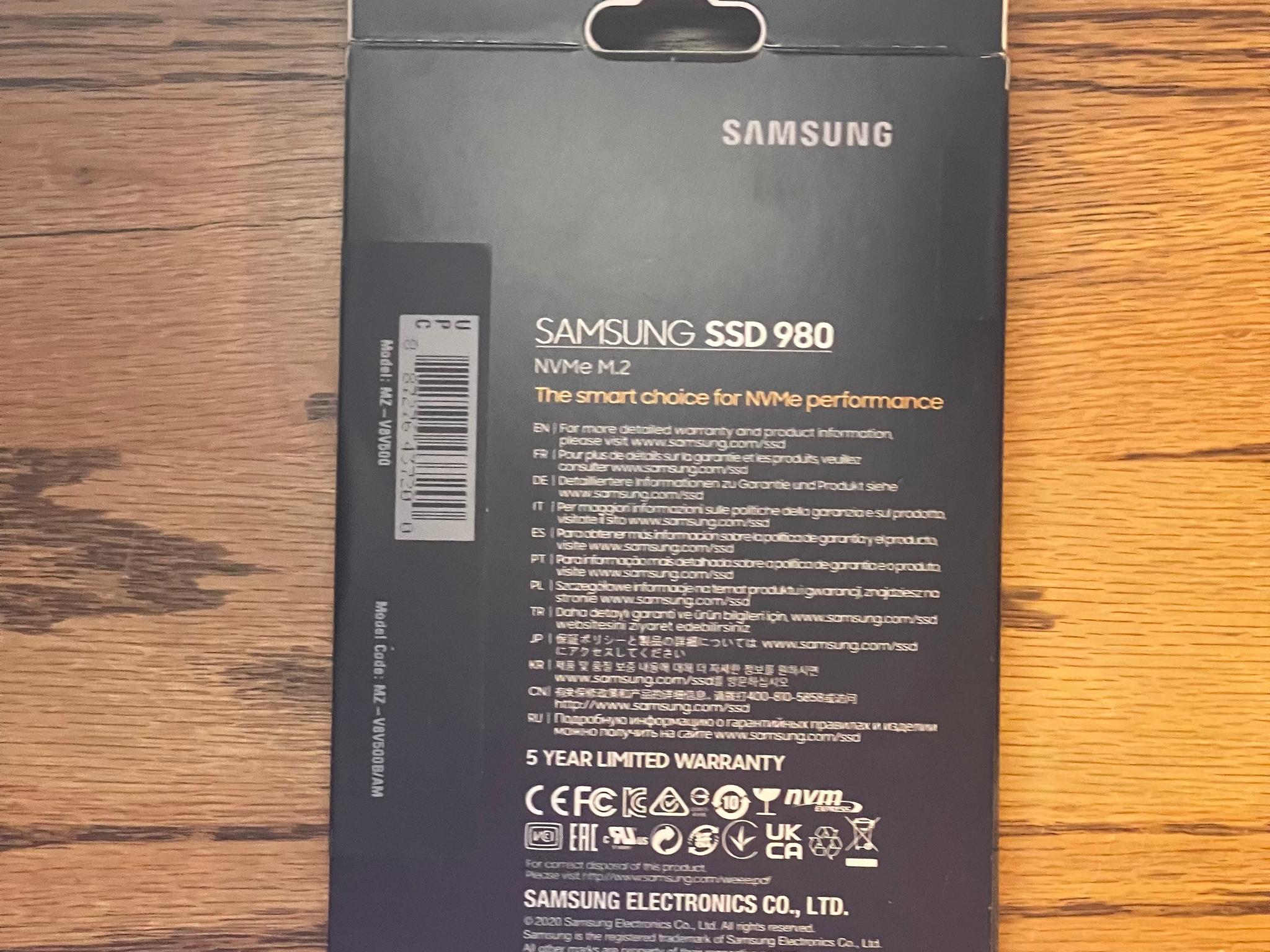 New, Samsung 980 500GB NVMe M.2 SSD