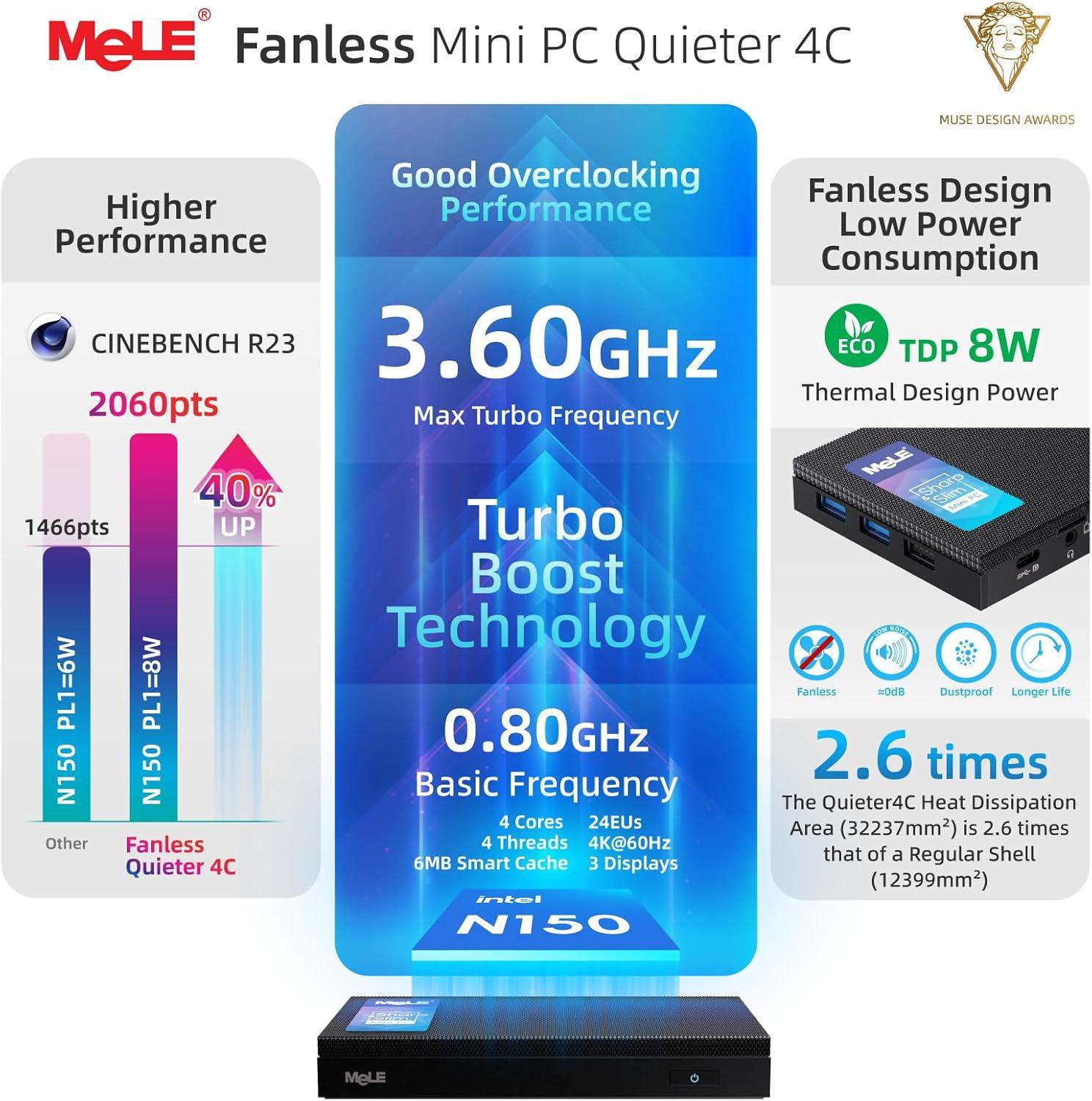 FANLESS Mini PC, Quieter 4C N150, 16GB DDR4 RAM 512GB