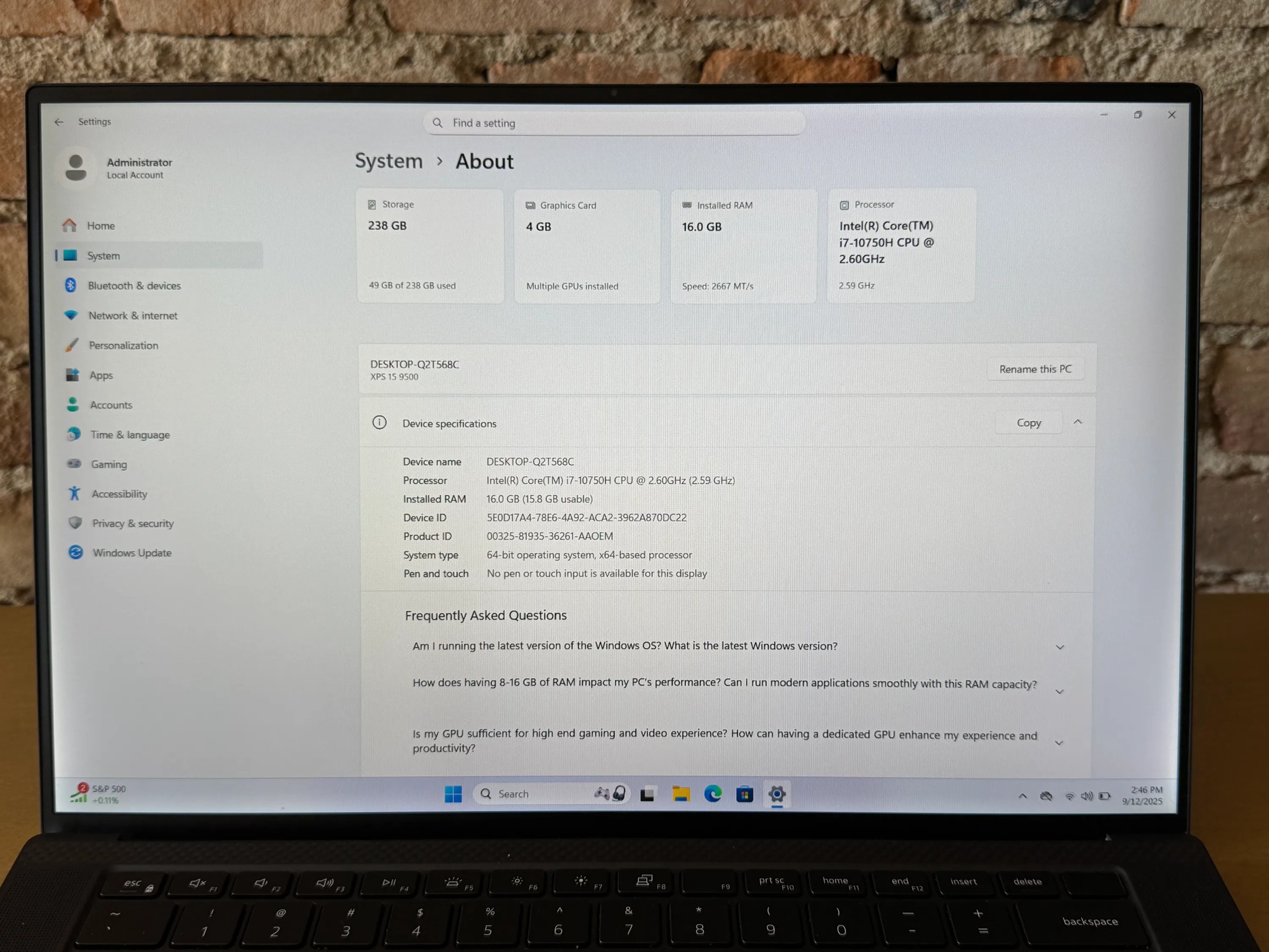 Dell XPS 15 9500 15.6" Laptop Intel Core i7-10750H Nvidia GTX 1650 Ti 16GB RAM 256GB SSD Windows 11
