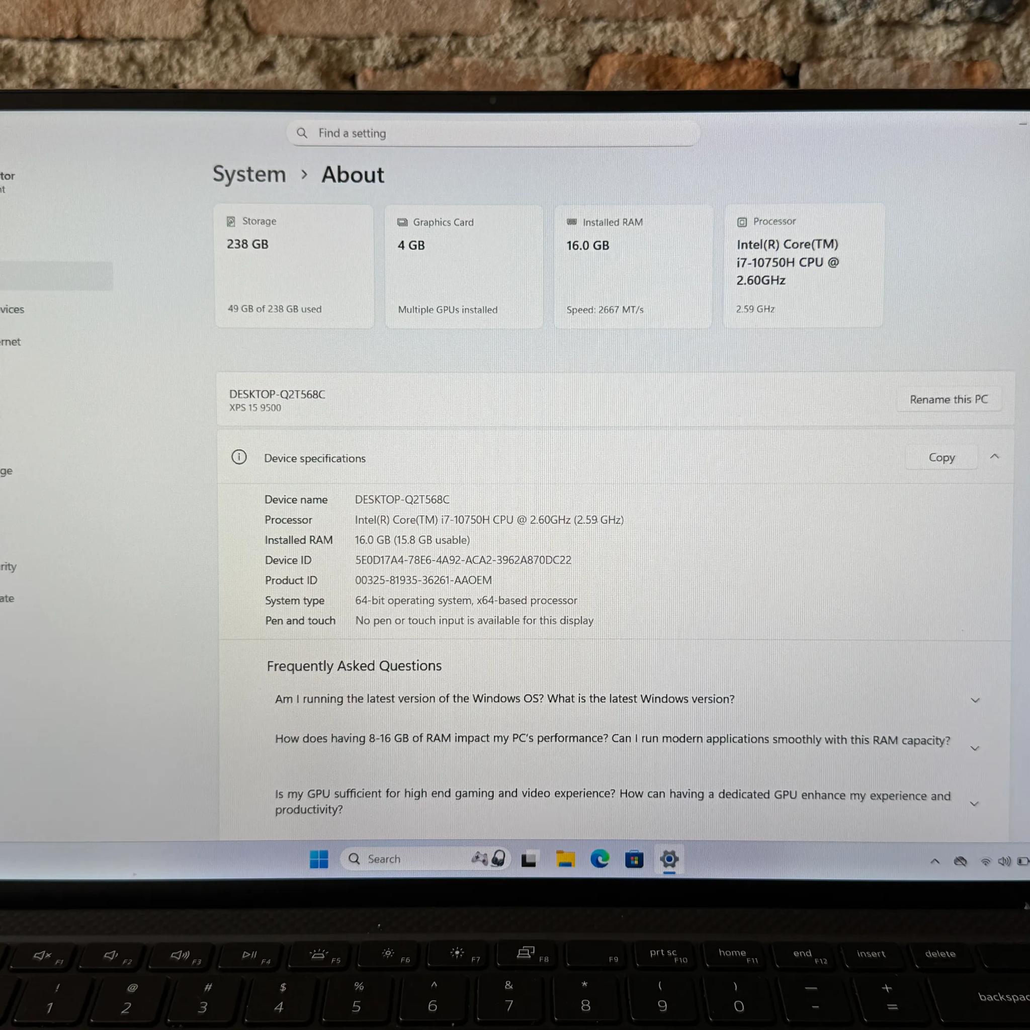 Dell XPS 15 9500 15.6" Laptop Intel Core i7-10750H Nvidia GTX 1650 Ti 16GB RAM 256GB SSD Windows 11