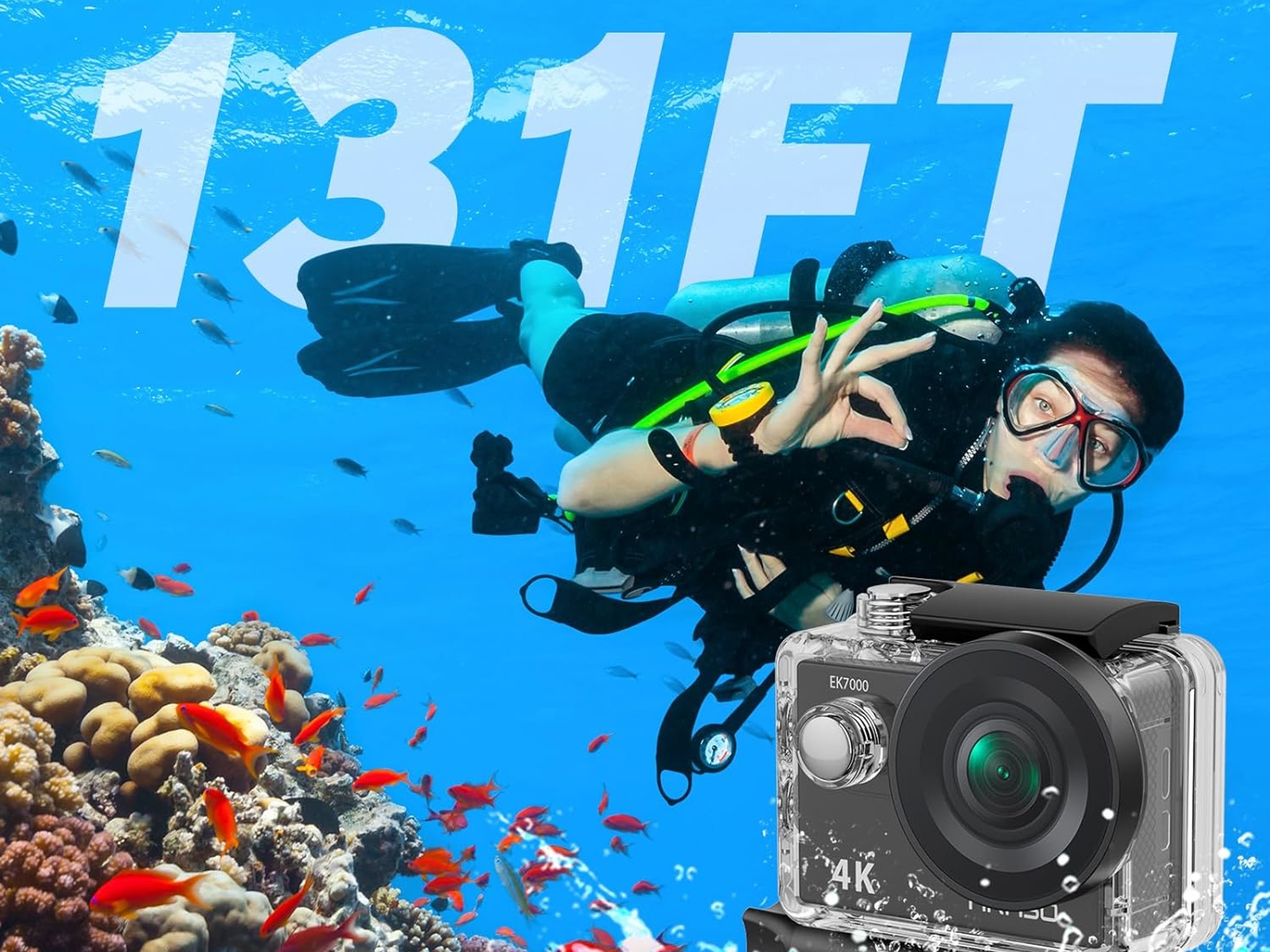 AKASO EK7000 4K Action Camera-131ft Waterproof Camera 4X, Remote Control UHD 20MP w/ Accessories Kit