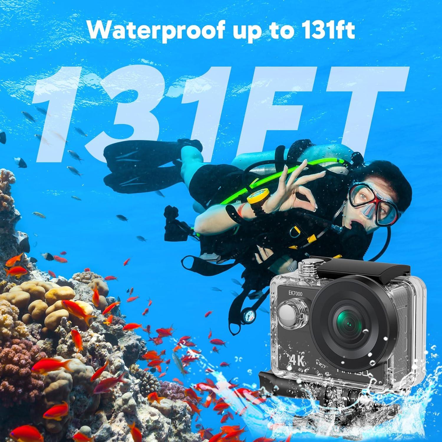 AKASO EK7000 4K Action Camera-131ft Waterproof Camera 4X, Remote Control UHD 20MP w/ Accessories Kit