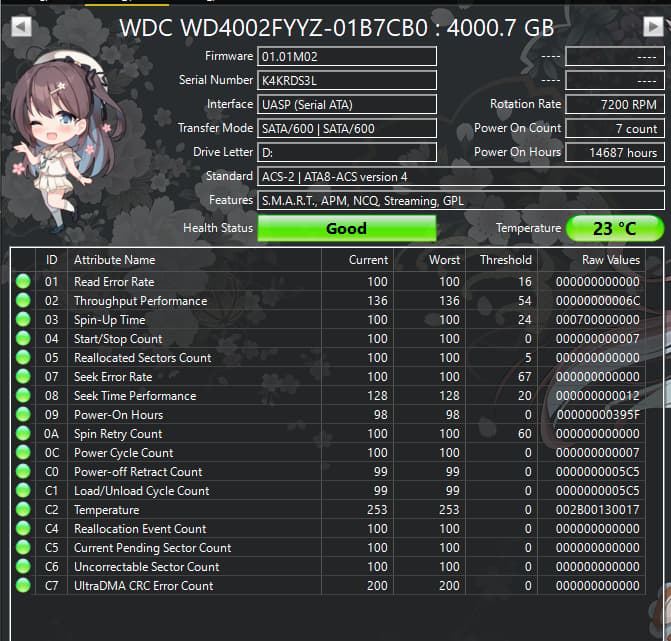 WD Gold 4TB WD4002FYYZ 7200RPM SATA Datacenter HDD – 14,687 Hours – SMART Good