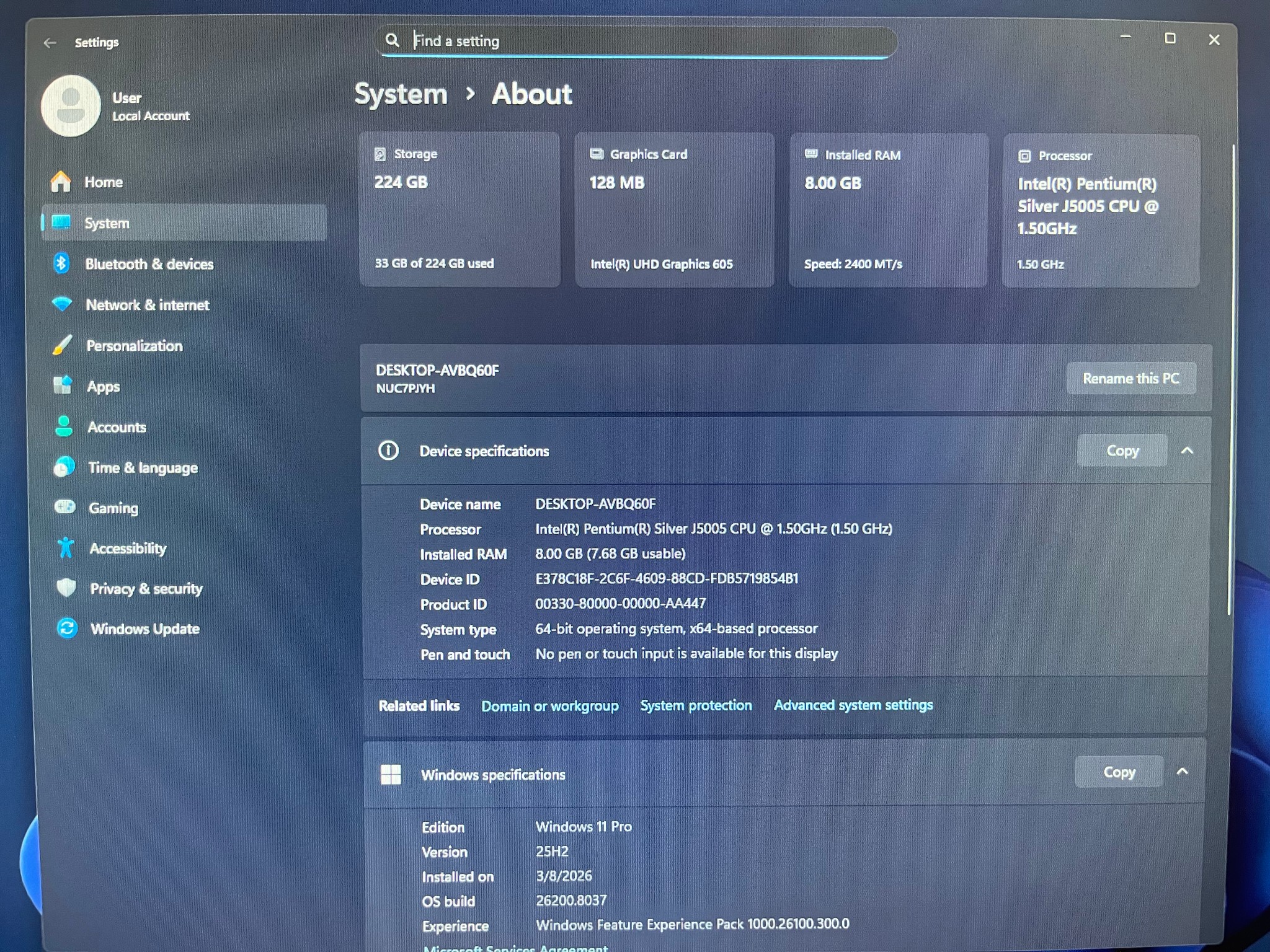 Intel NUC, Windows 11 Pro, 4 cores @ 1.5GHz, 8GB RAM, 220GB SSD (Monitor & Keyboard NOT included)