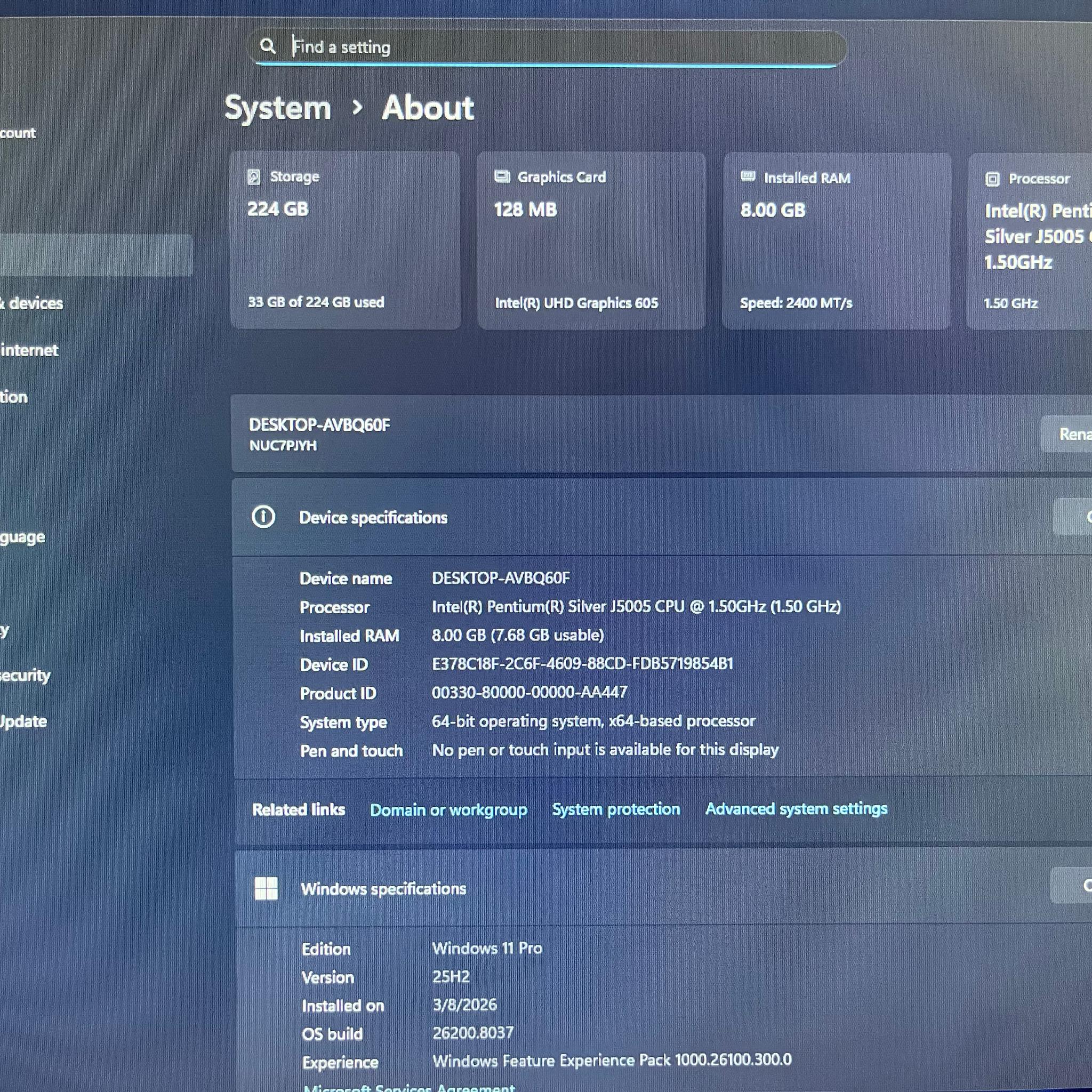 Intel NUC, Windows 11 Pro, 4 cores @ 1.5GHz, 8GB RAM, 220GB SSD (Monitor & Keyboard NOT included)
