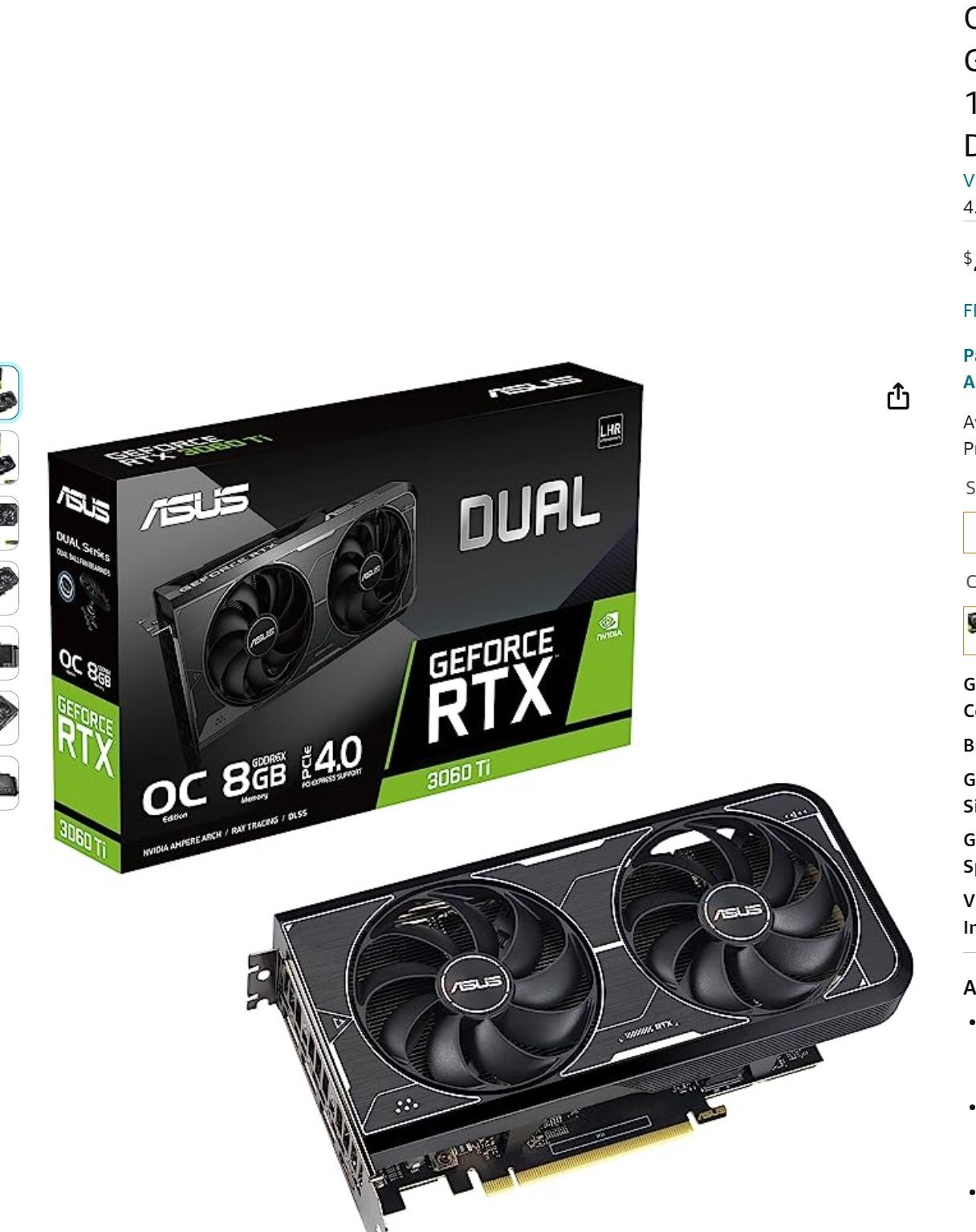 ASUS Dual NVIDIA GeForce RTX 3060 Ti OC Graphics Card (8GB GDDR6X Memory, Axial-tech Fan Design)