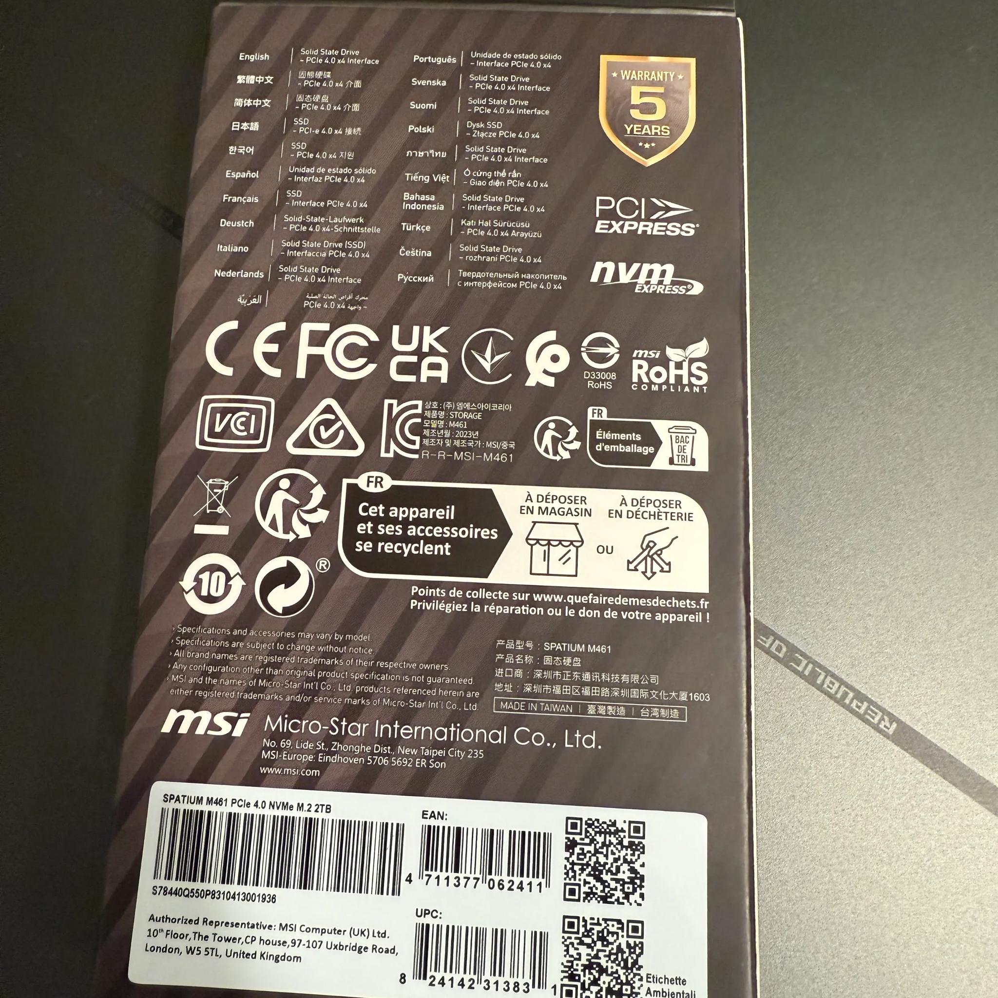 MSI SPATIUM M461 PCIe 4.0 NVMe M.2 2TB SSD