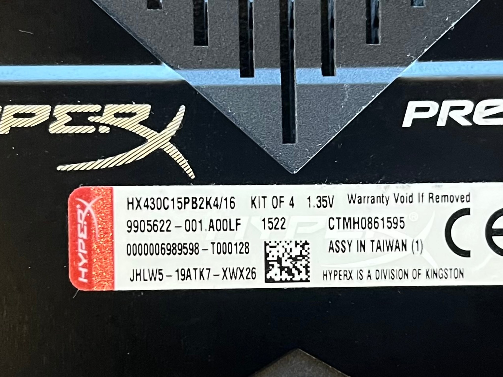 16GB DDR4-3000MHz (4x4GB) CL15 Kingston HyperX Predator Black RAM Memory