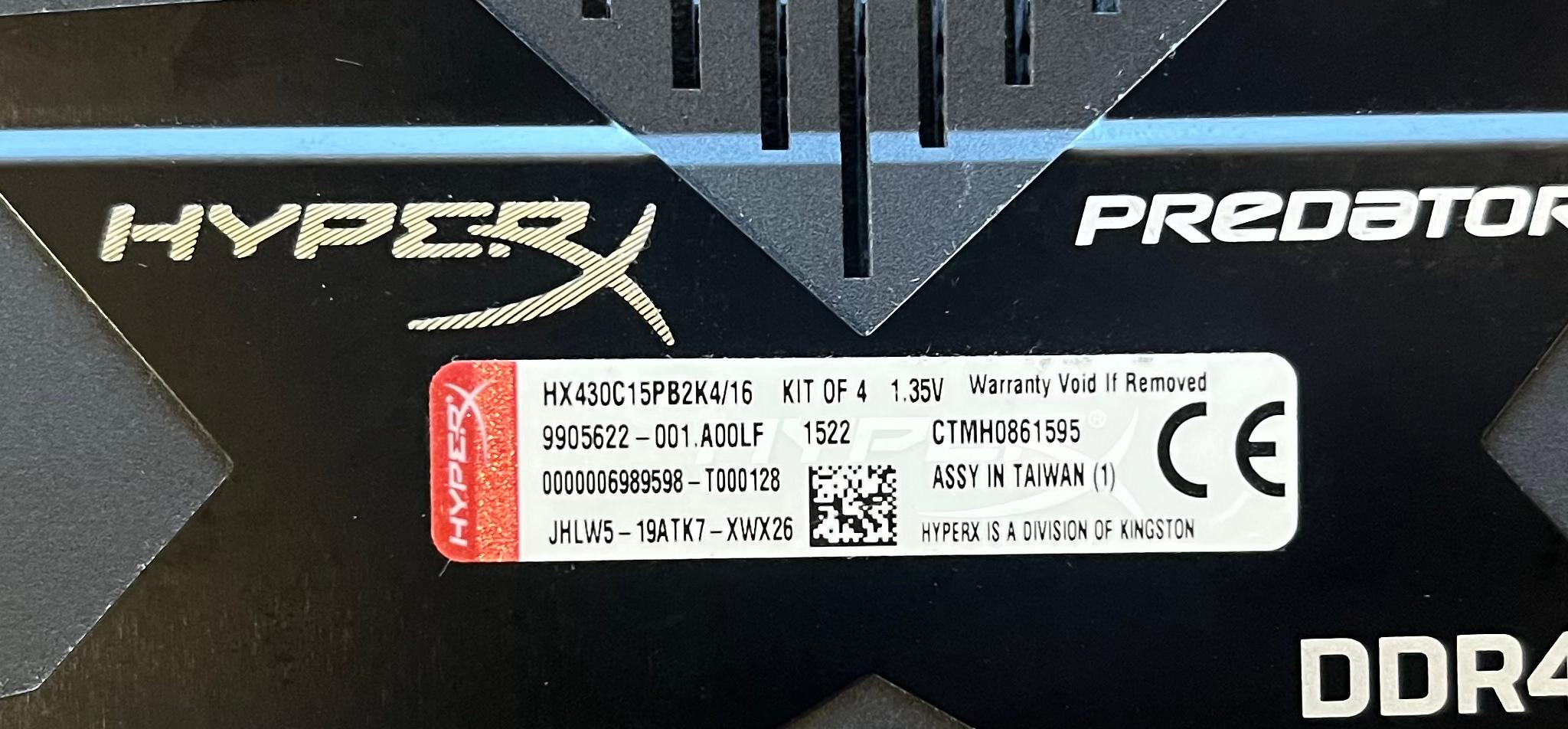 16GB DDR4-3000MHz (4x4GB) CL15 Kingston HyperX Predator Black RAM Memory