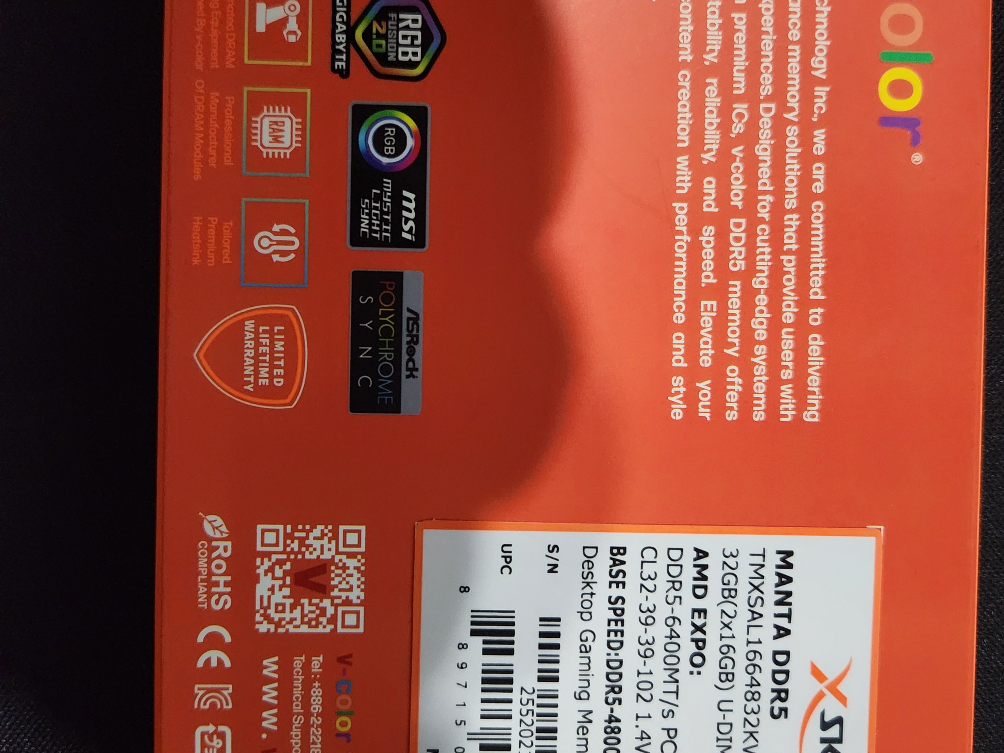 Brand New V-COLOR Manta XSky DDR5 32GB (2x16GB) 6400MHz CL32