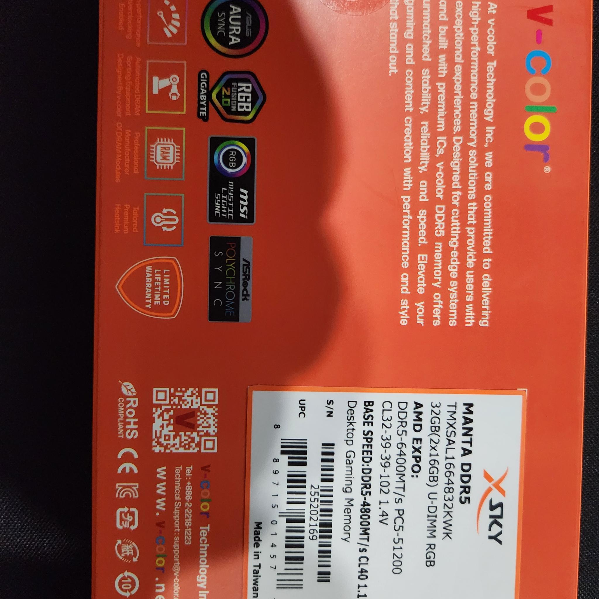 Brand New V-COLOR Manta XSky DDR5 32GB (2x16GB) 6400MHz CL32