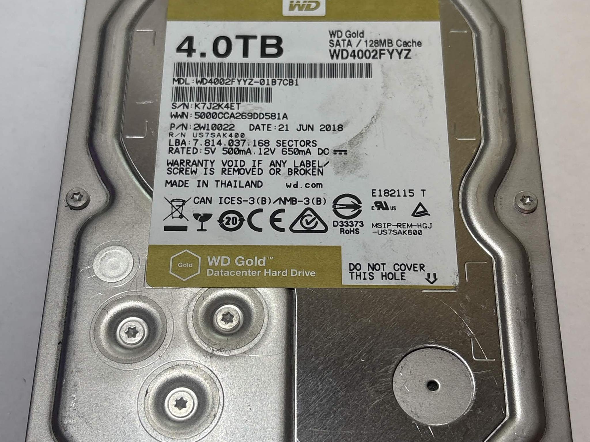 WD Gold 4TB WD4002FYYZ 7200RPM SATA Datacenter HDD – 62,496 Hours – SMART Good