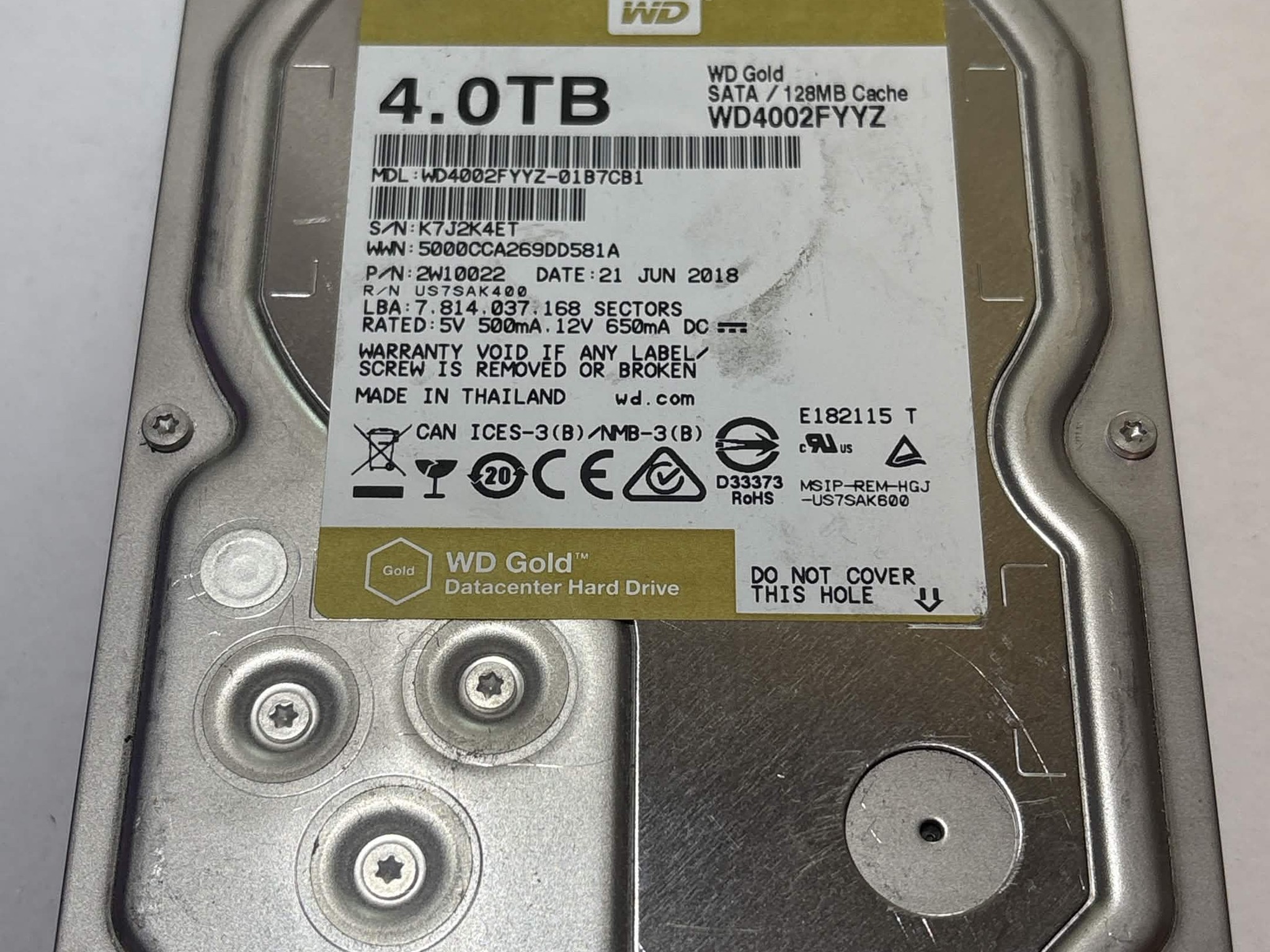 WD Gold 4TB WD4002FYYZ 7200RPM SATA Datacenter HDD – 62,496 Hours – SMART Good