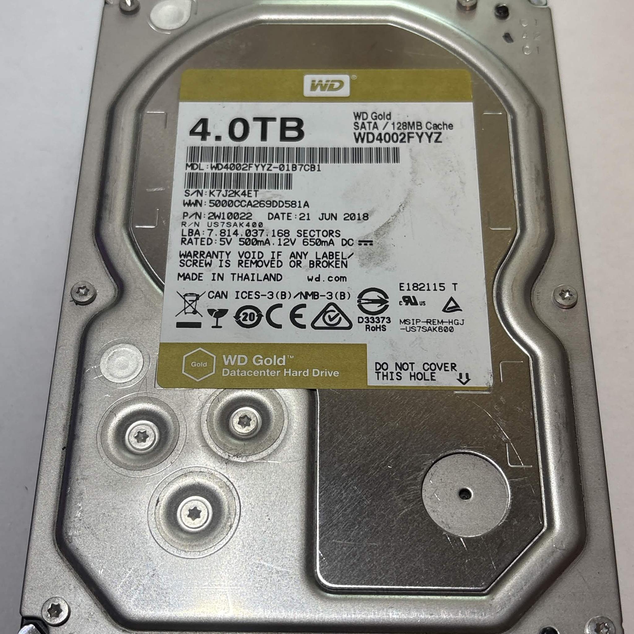 WD Gold 4TB WD4002FYYZ 7200RPM SATA Datacenter HDD – 62,496 Hours – SMART Good