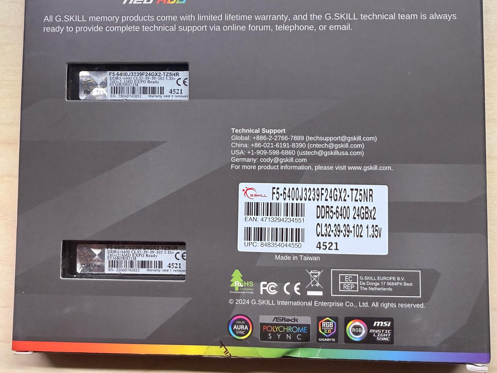 G.Skill Trident Z5 neo rgb DDR5-6400 CL32 24Gbx2 EXPO