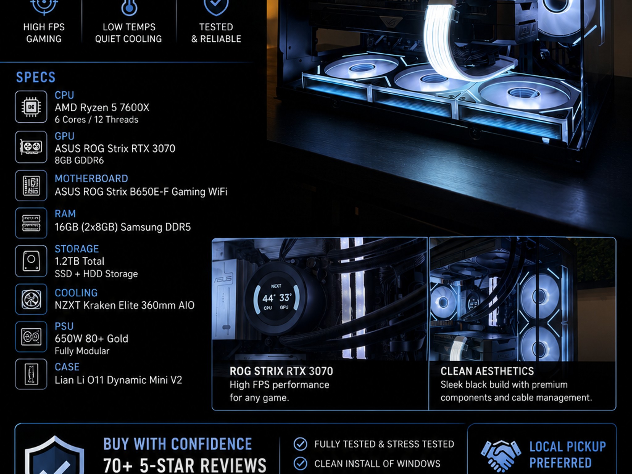 🎮 Custom High-Performance Gaming PC | Ryzen 5 7600X • ROG Strix RTX 3070 🎮