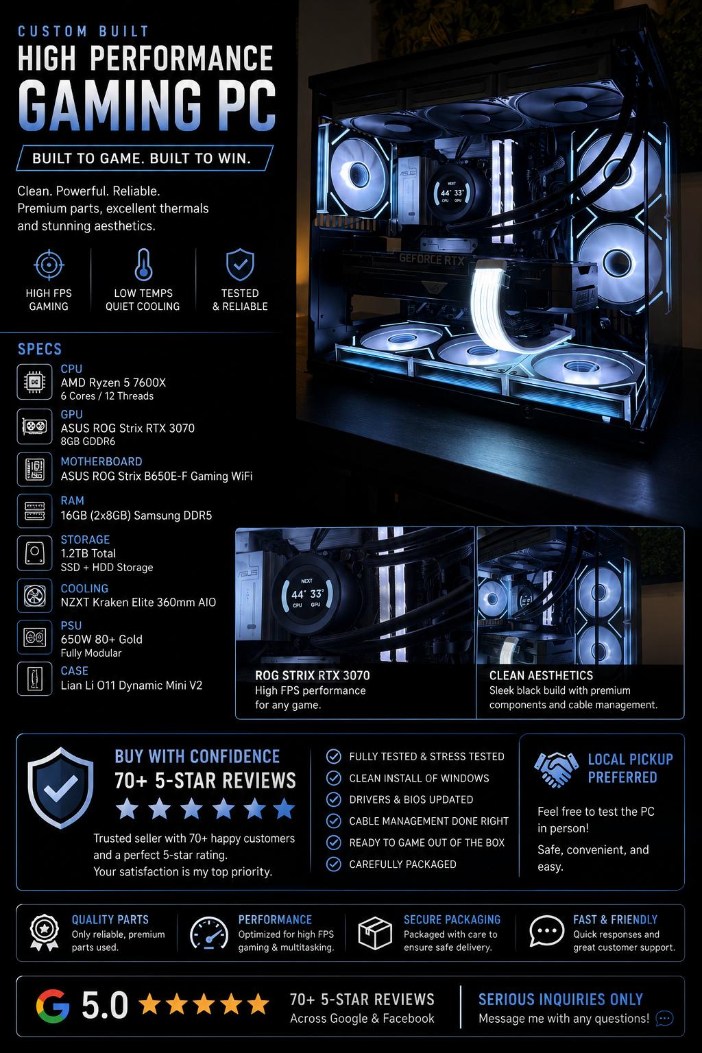 🎮 Custom High-Performance Gaming PC | Ryzen 5 7600X • ROG Strix RTX 3070 🎮