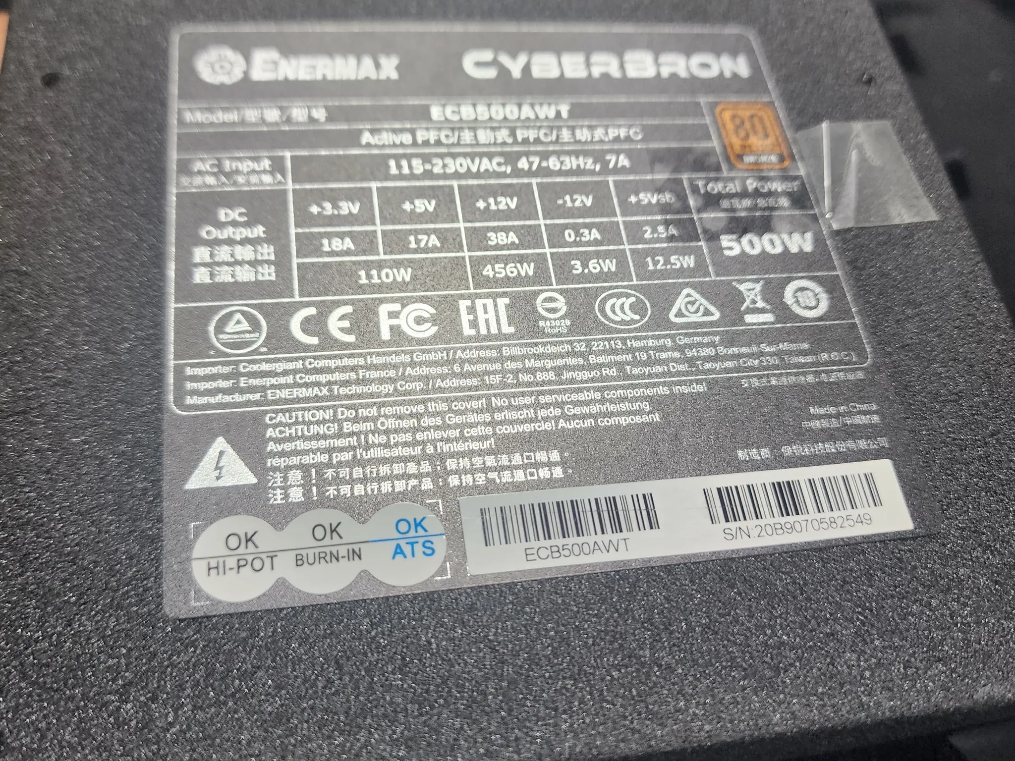 Enermax CyberBron 500w 80+ bronze power supply