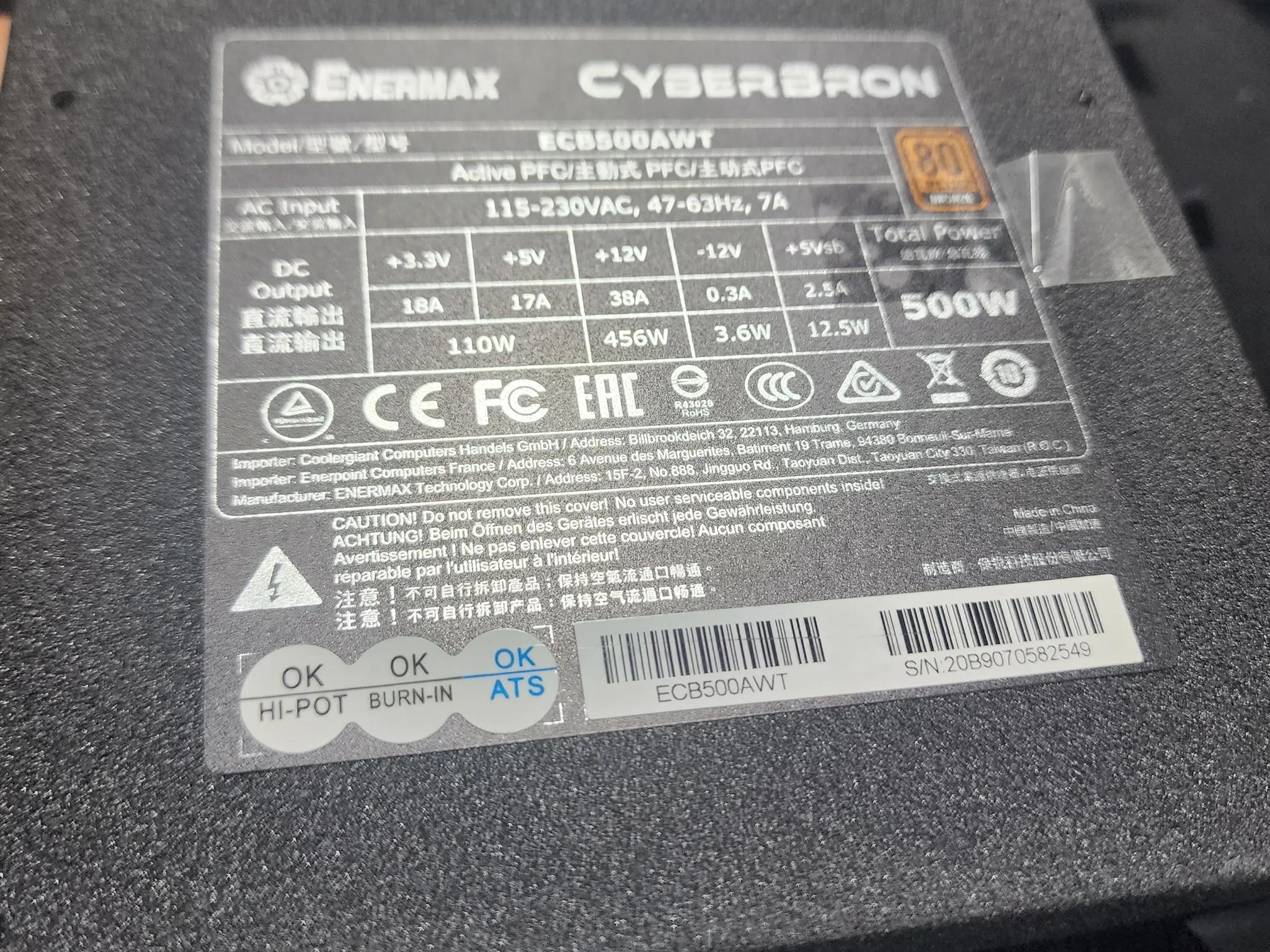 Enermax CyberBron 500w 80+ bronze power supply