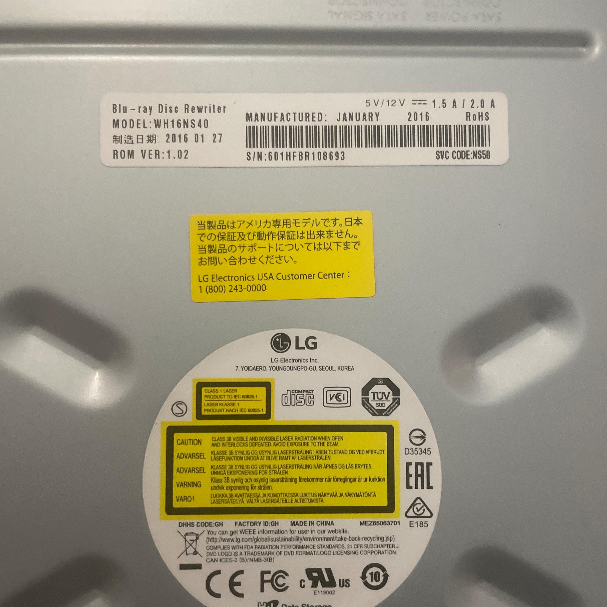 LG Blu Ray Disc Rewriter MODEL WH16NS40