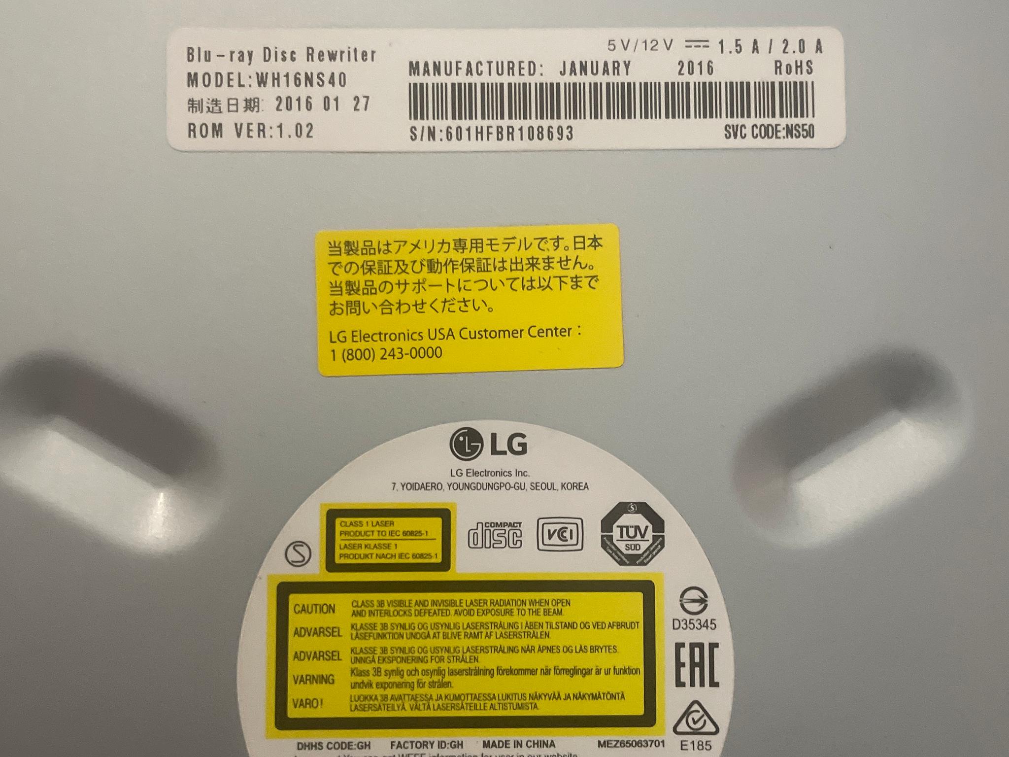 LG Blu Ray Disc Rewriter MODEL WH16NS40
