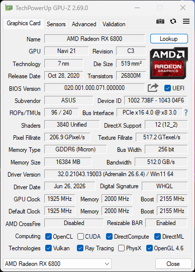 ASUS TUF GAMING Radeon RX 6800 16GB Graphics Card GPU