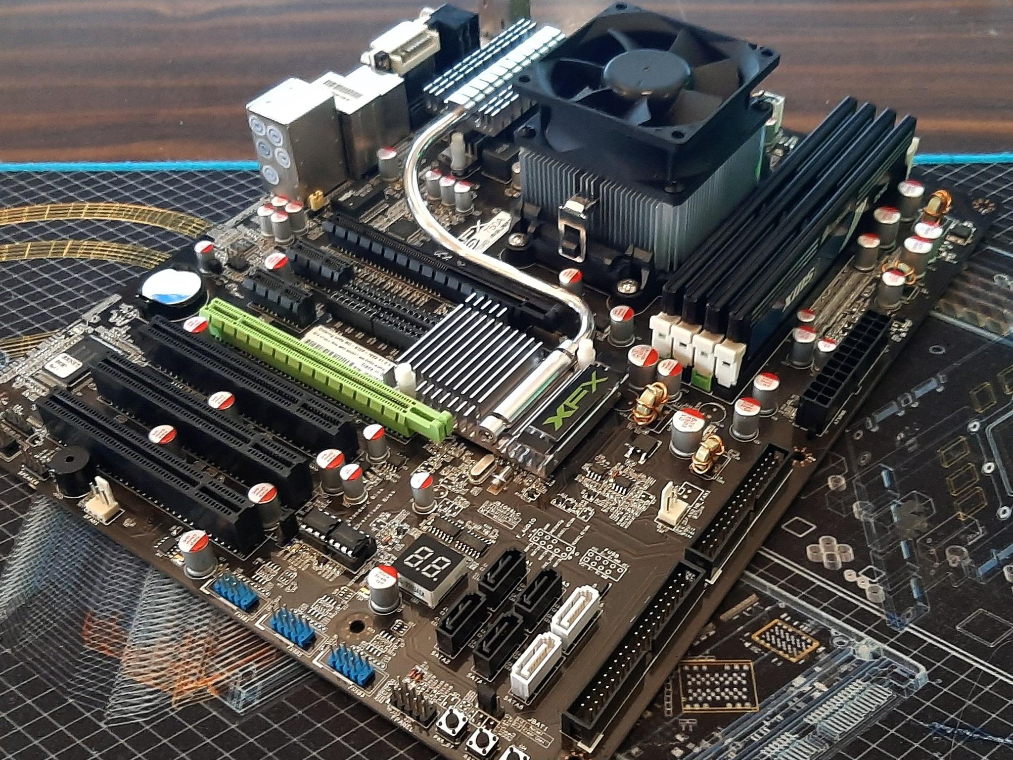 Retro XFX 750A Motherboard with CPU, RAM, Cooler, etc.