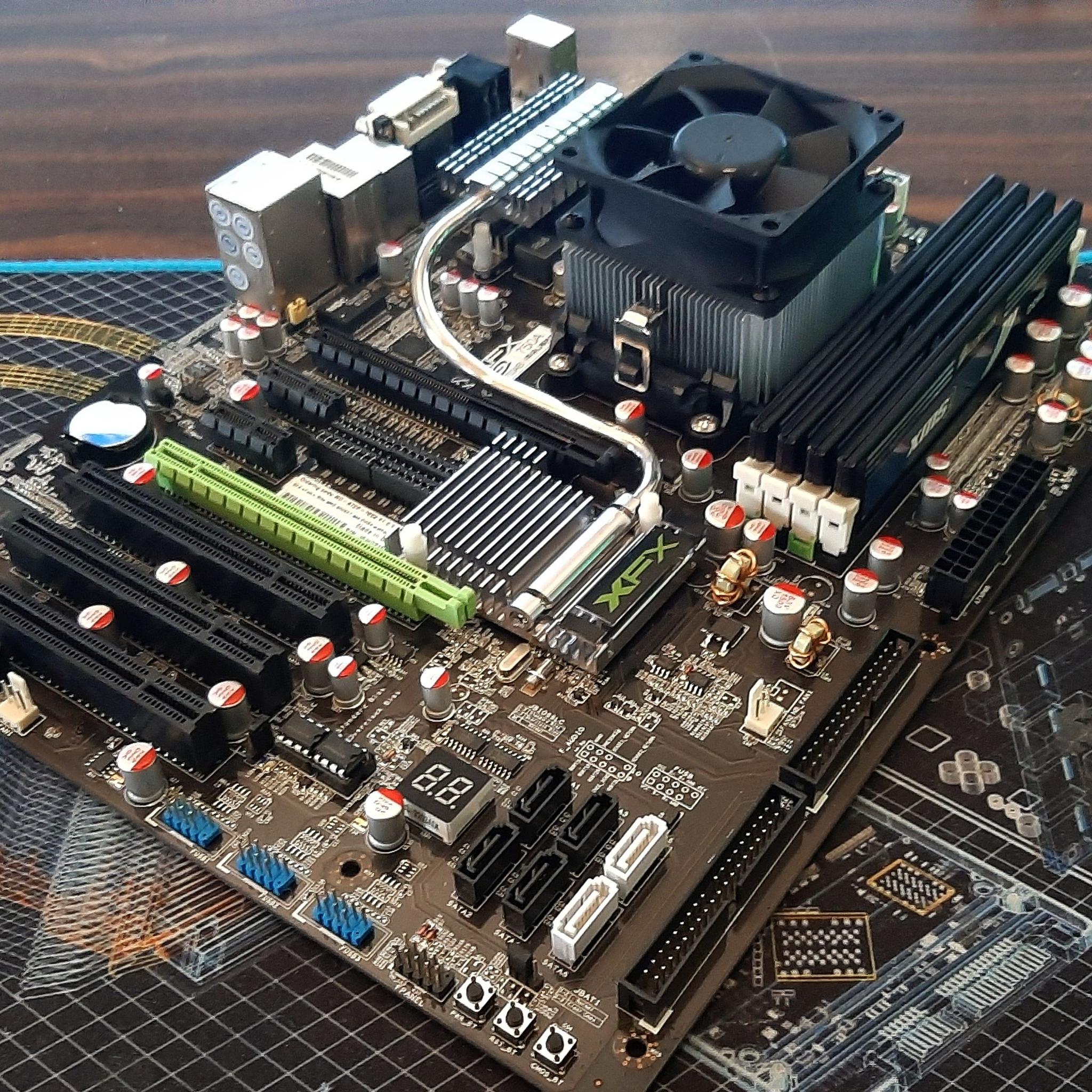 Retro XFX 750A Motherboard with CPU, RAM, Cooler, etc.