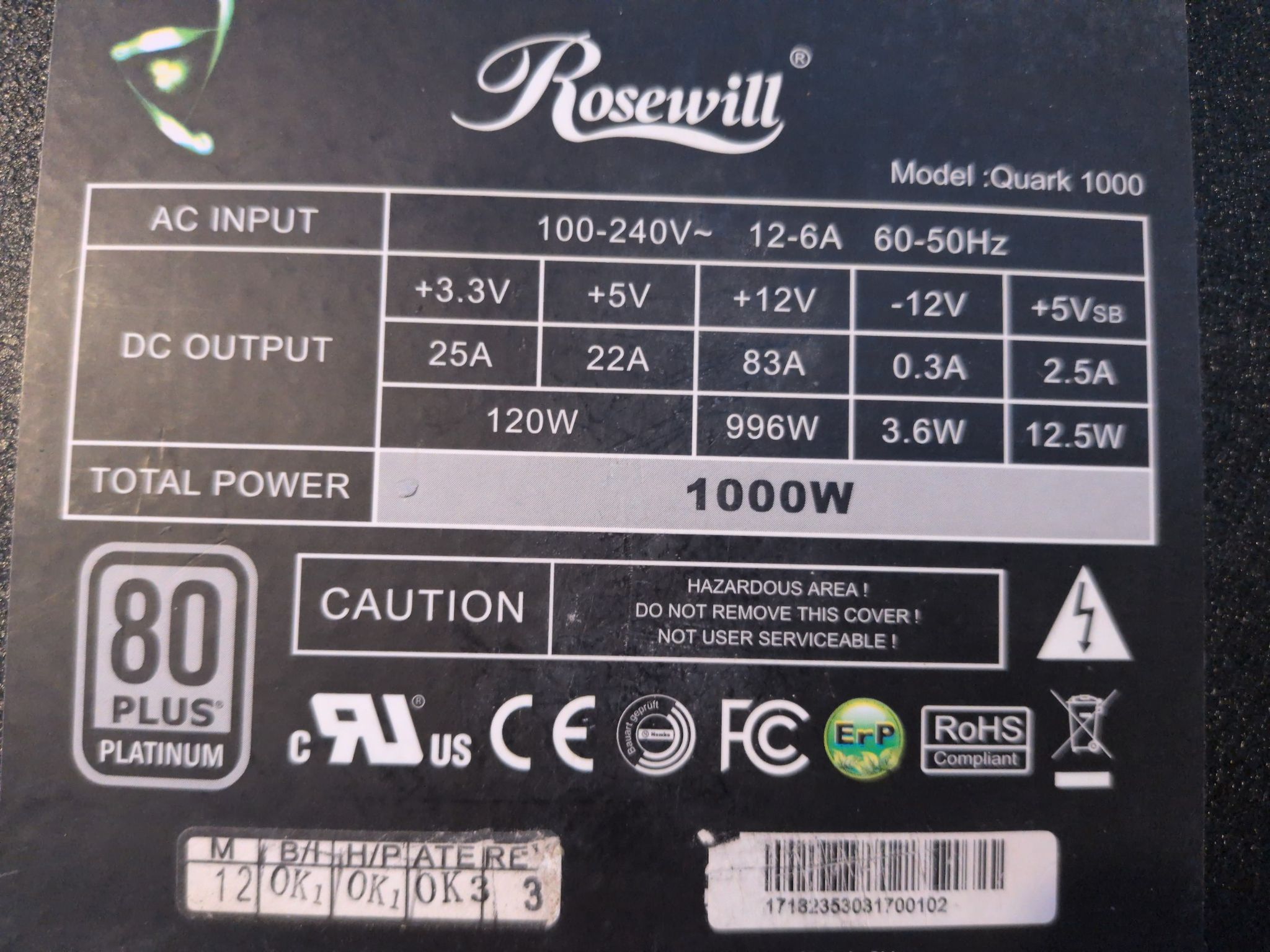 Rosewill Quark 1000W Platinum Modular PSU - Tested Working - Unit 2