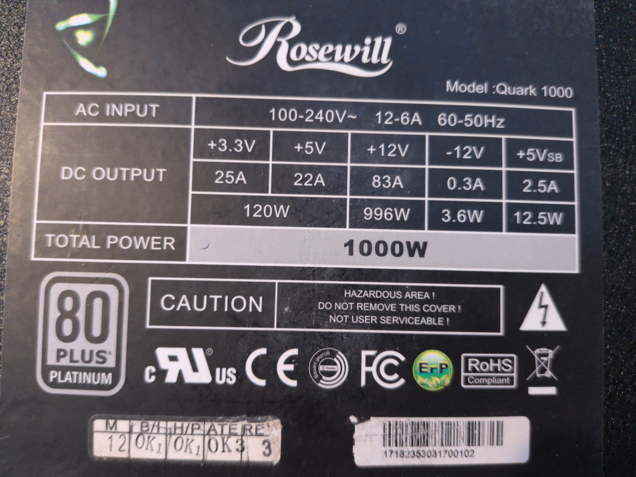 Rosewill Quark 1000W Platinum Modular PSU - Tested Working - Unit 2