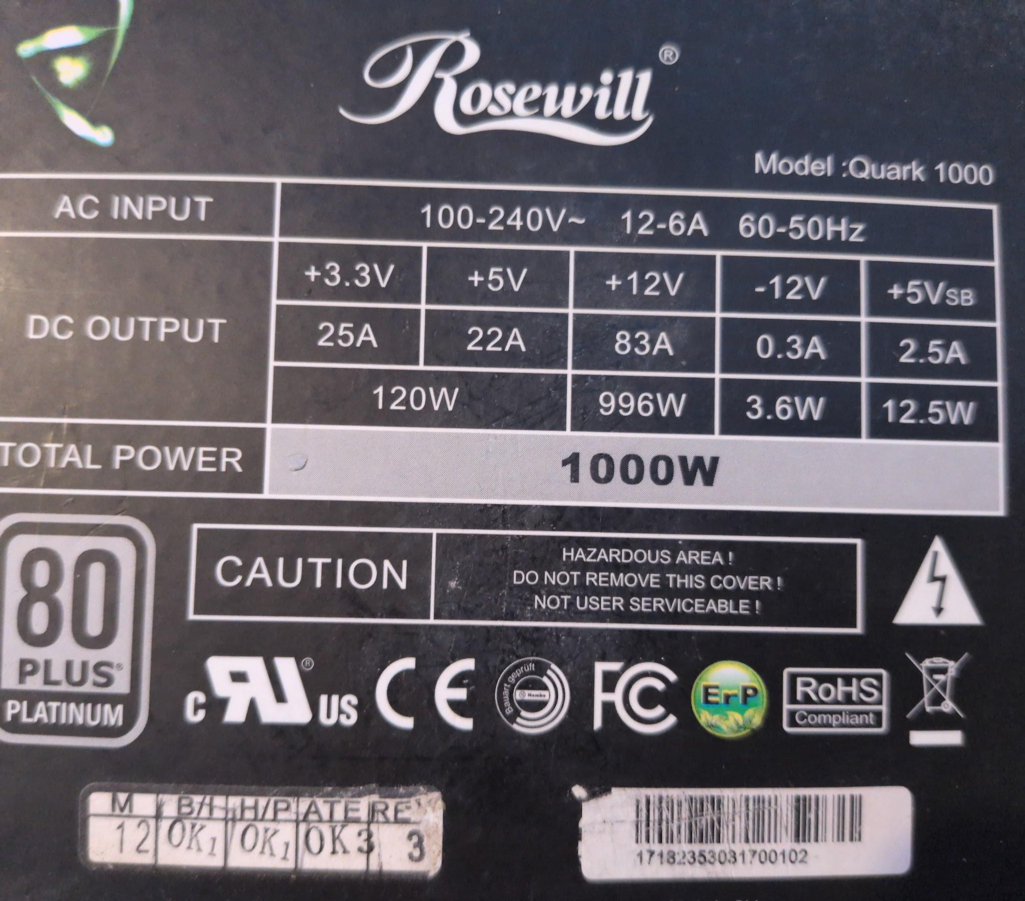Rosewill Quark 1000W Platinum Modular PSU - Tested Working - Unit 2
