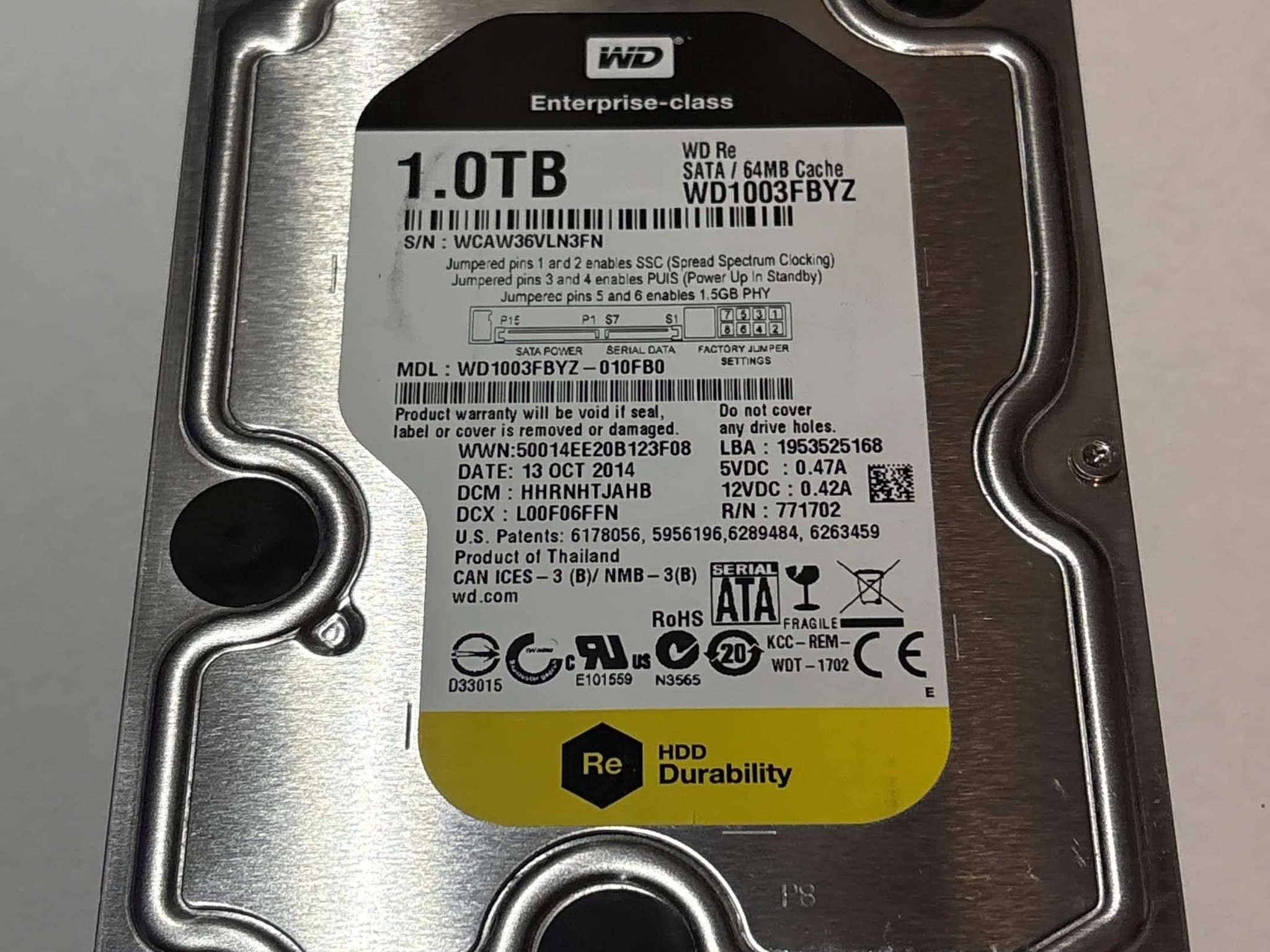 WD Re 1TB Enterprise HDD – 7200RPM 64MB Cache SATA – WD1003FBYZ – Good SMART